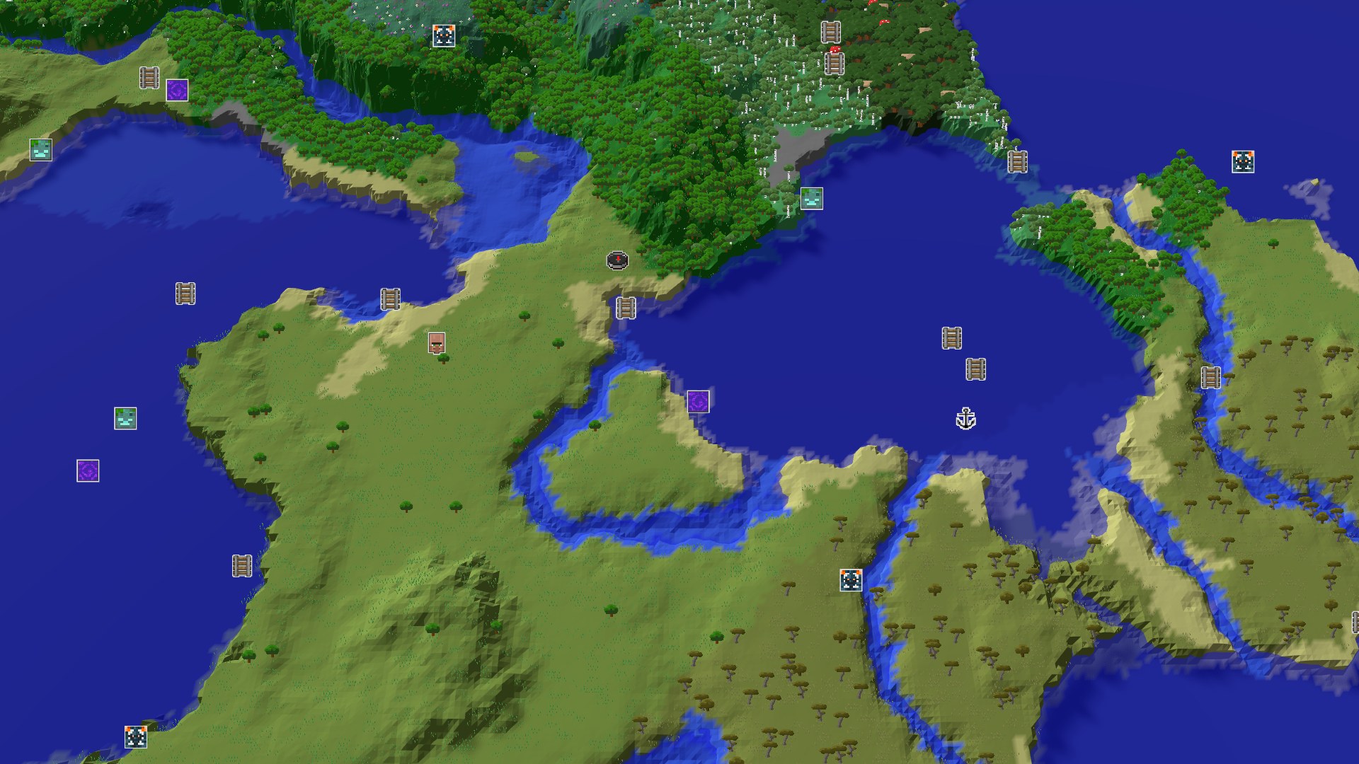A 3D fly-over of a varied landscape, showing a large blue ocean with several rivers winding through light green plains and darker green forests, with patches of sandy beach along the coast.
