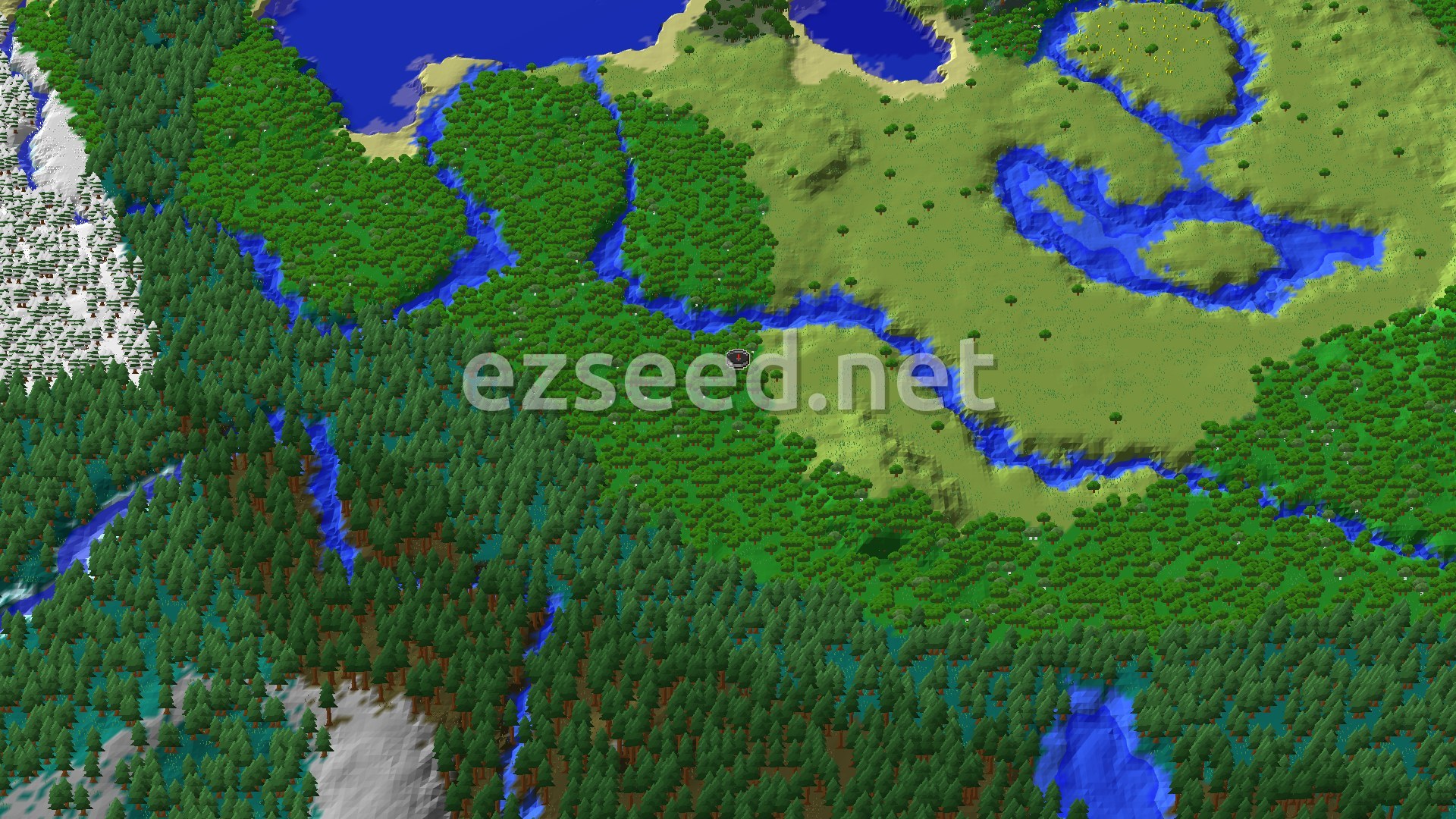 An aerial view shows a dense forest biome with a river winding through it, transitioning into plains and snowy taiga in the distance.