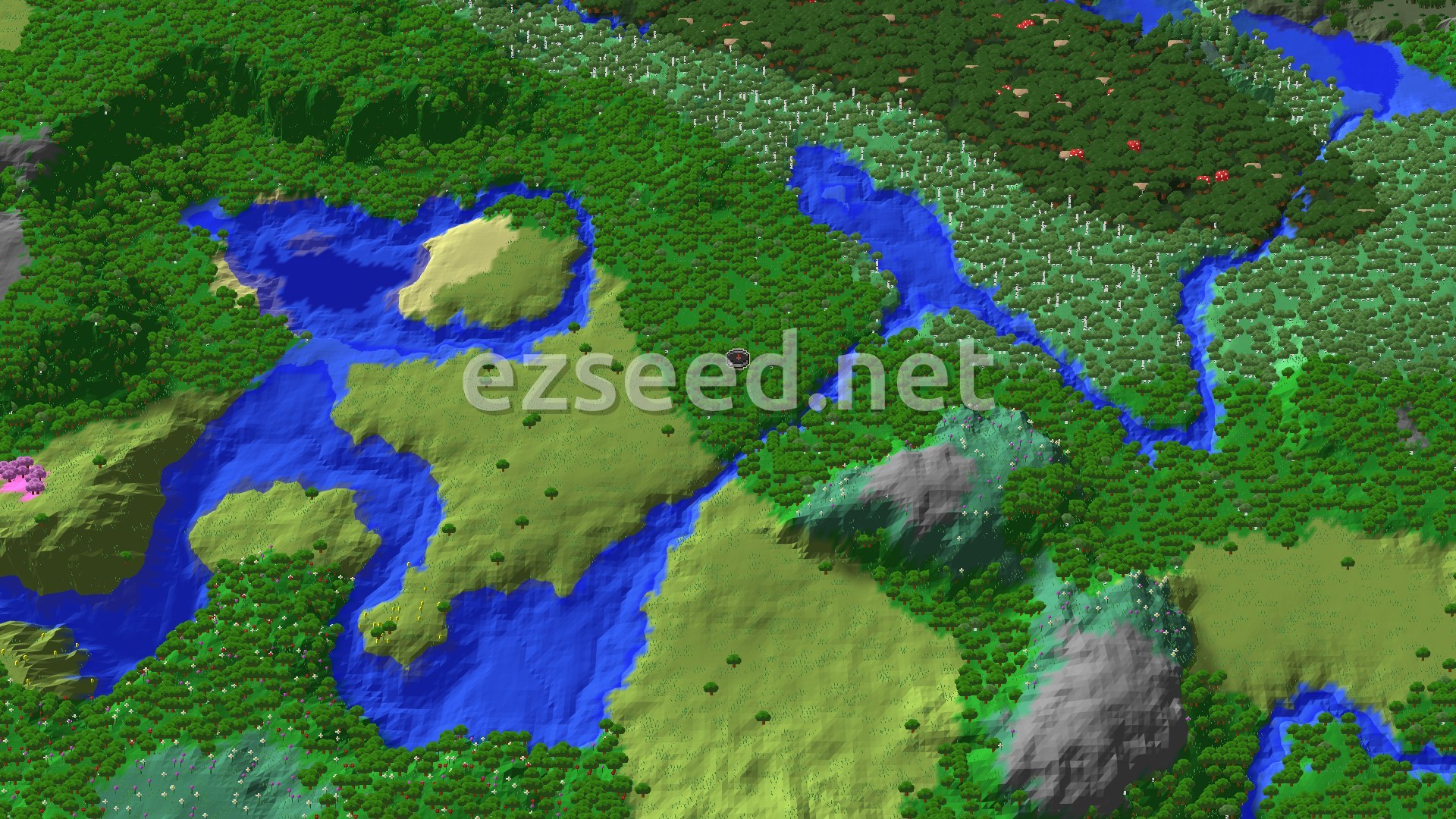 Aerial Minecraft seed map — Forest Spawn with Nearby Ancient City and Lush Caves