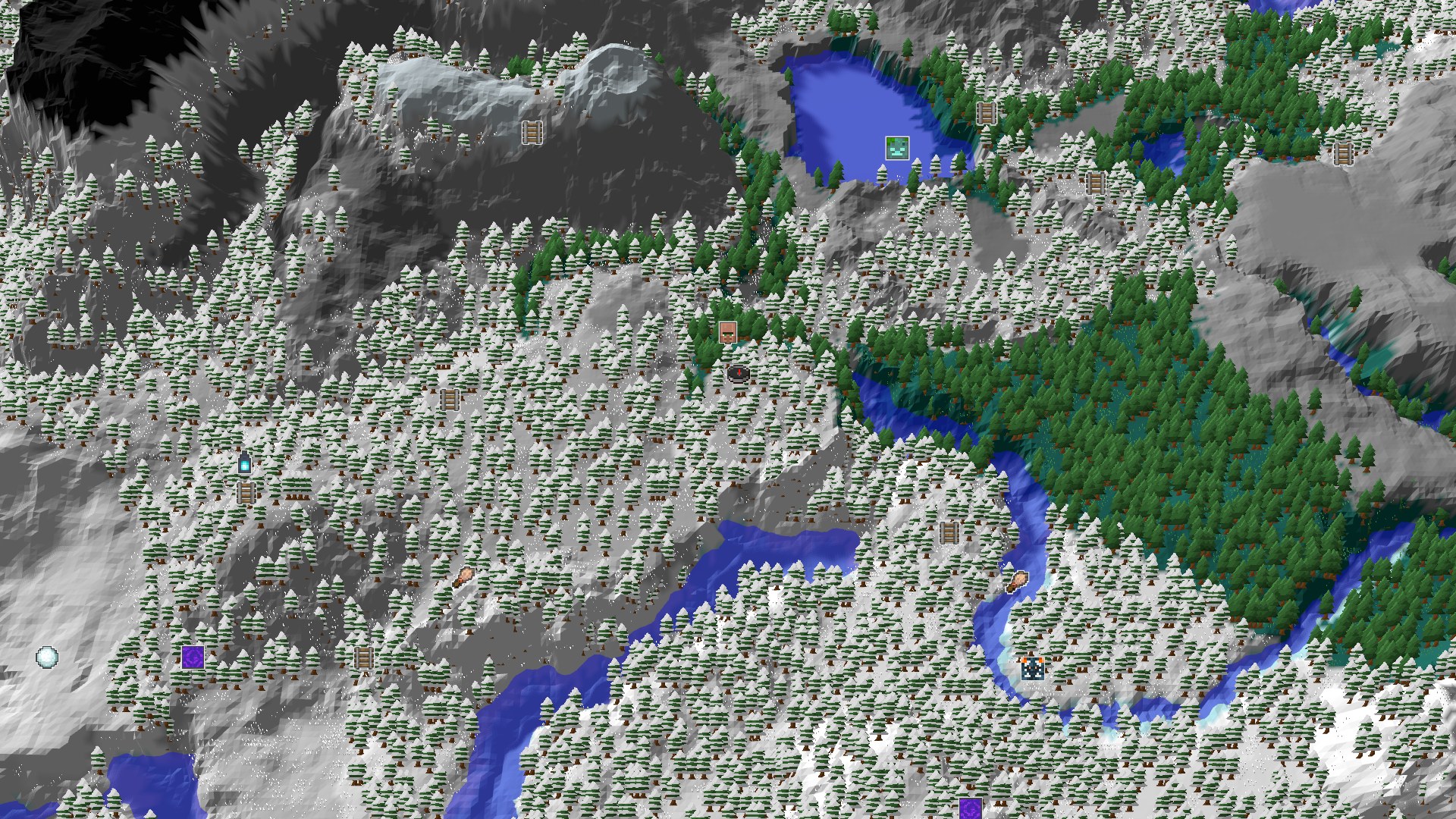 Aerial Minecraft seed map — Snowy Mountains and Nearby Village Start