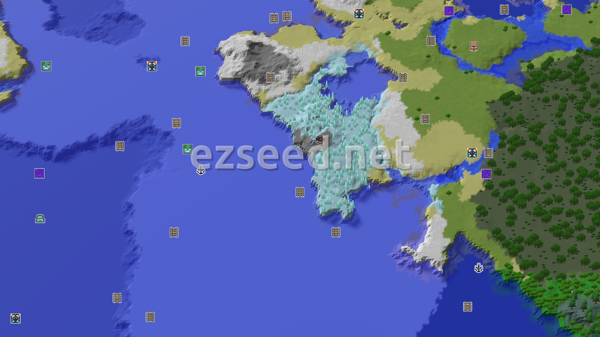 Aerial Minecraft seed map — Spawn Near Ice Spikes and a Large Frozen Ocean