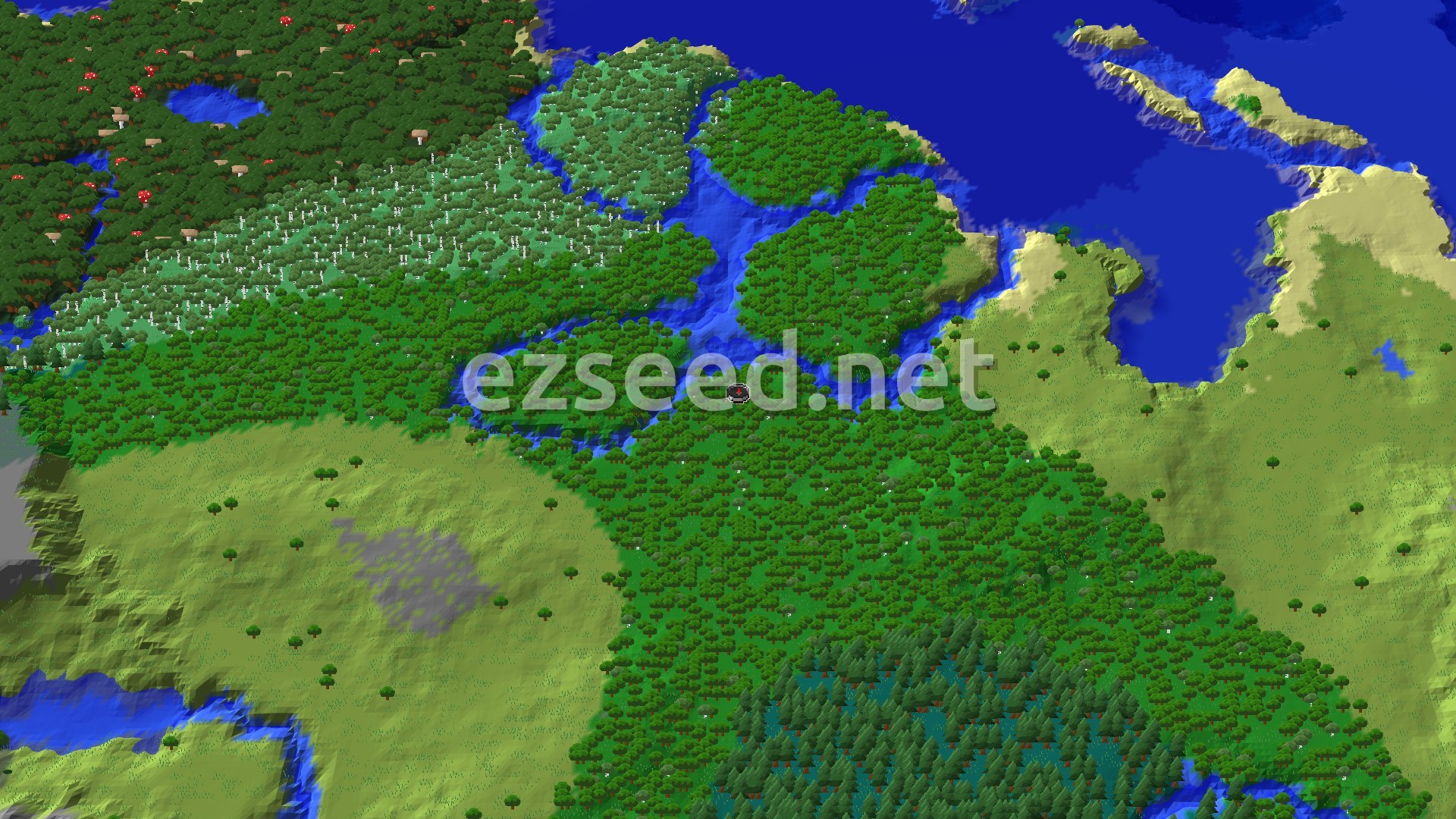 An overhead 3D view of a forest with a river winding through it, leading to a large body of water. Plains and birch forest patches are visible, with a small spawn marker in the center.