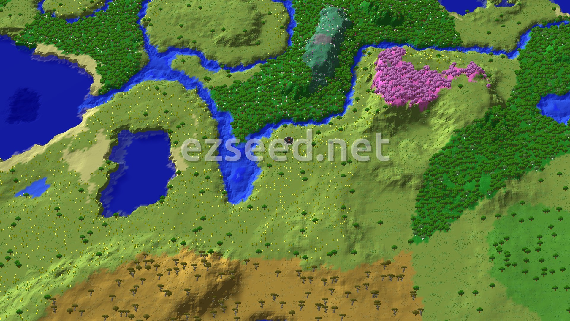 An aerial view of varied terrain: a river winding through green plains and forests, a distinct pink cherry grove, and a savanna biome in the south.