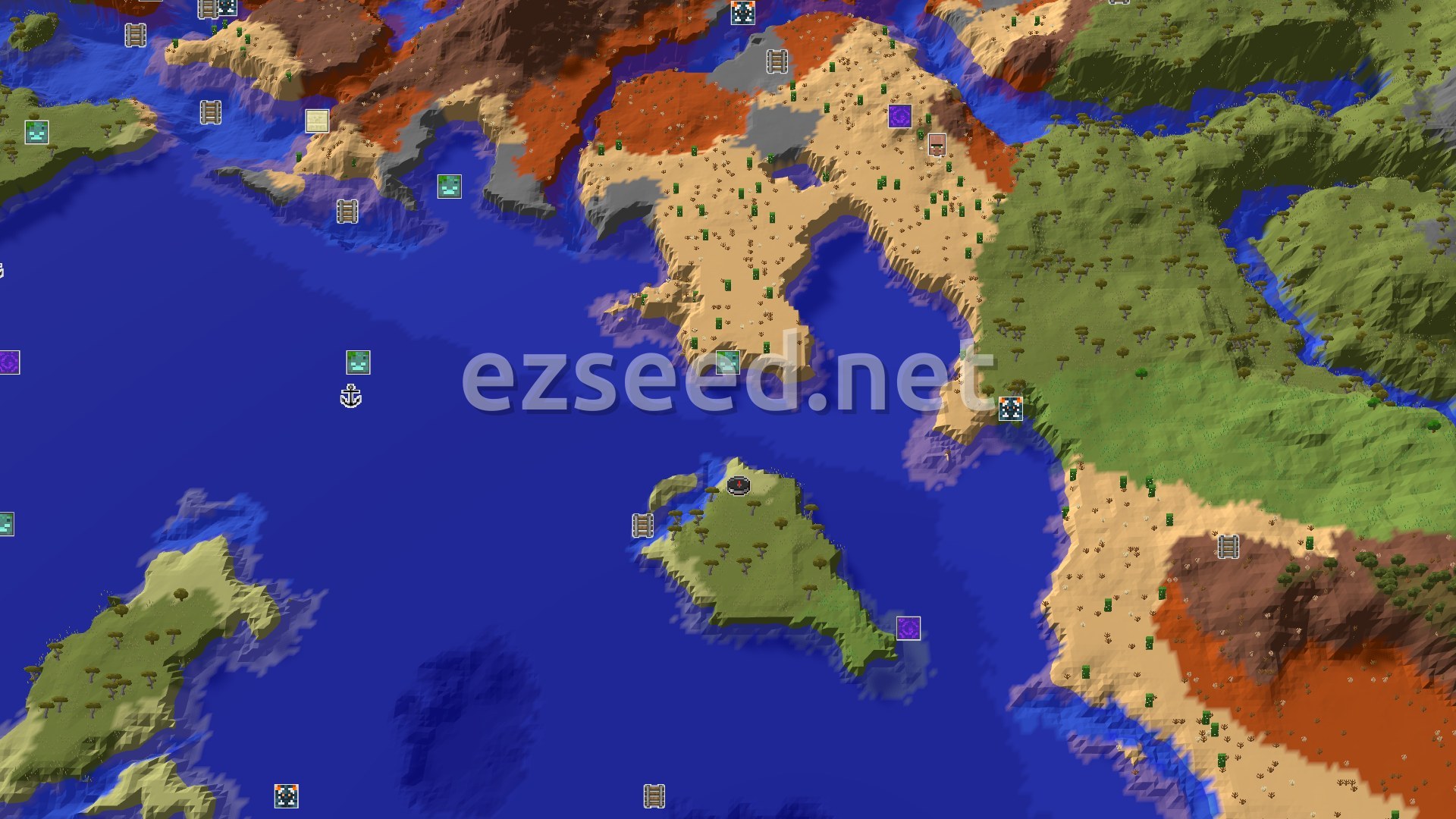 Aerial Minecraft seed map — Savanna Spawn with Close Mineshaft and Trial Chambers