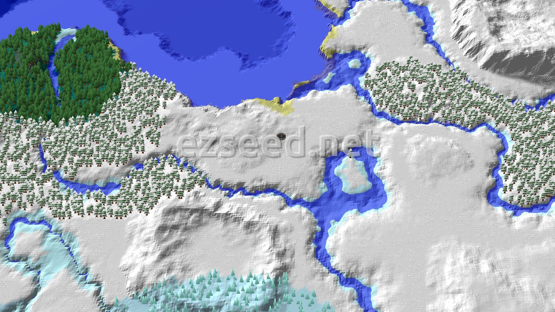 An overhead view of a snow-covered landscape with a dark spawn marker at the center. There are frozen rivers and oceans, with a dense green forest visible in the upper left and a snow-dusted forest to the right.