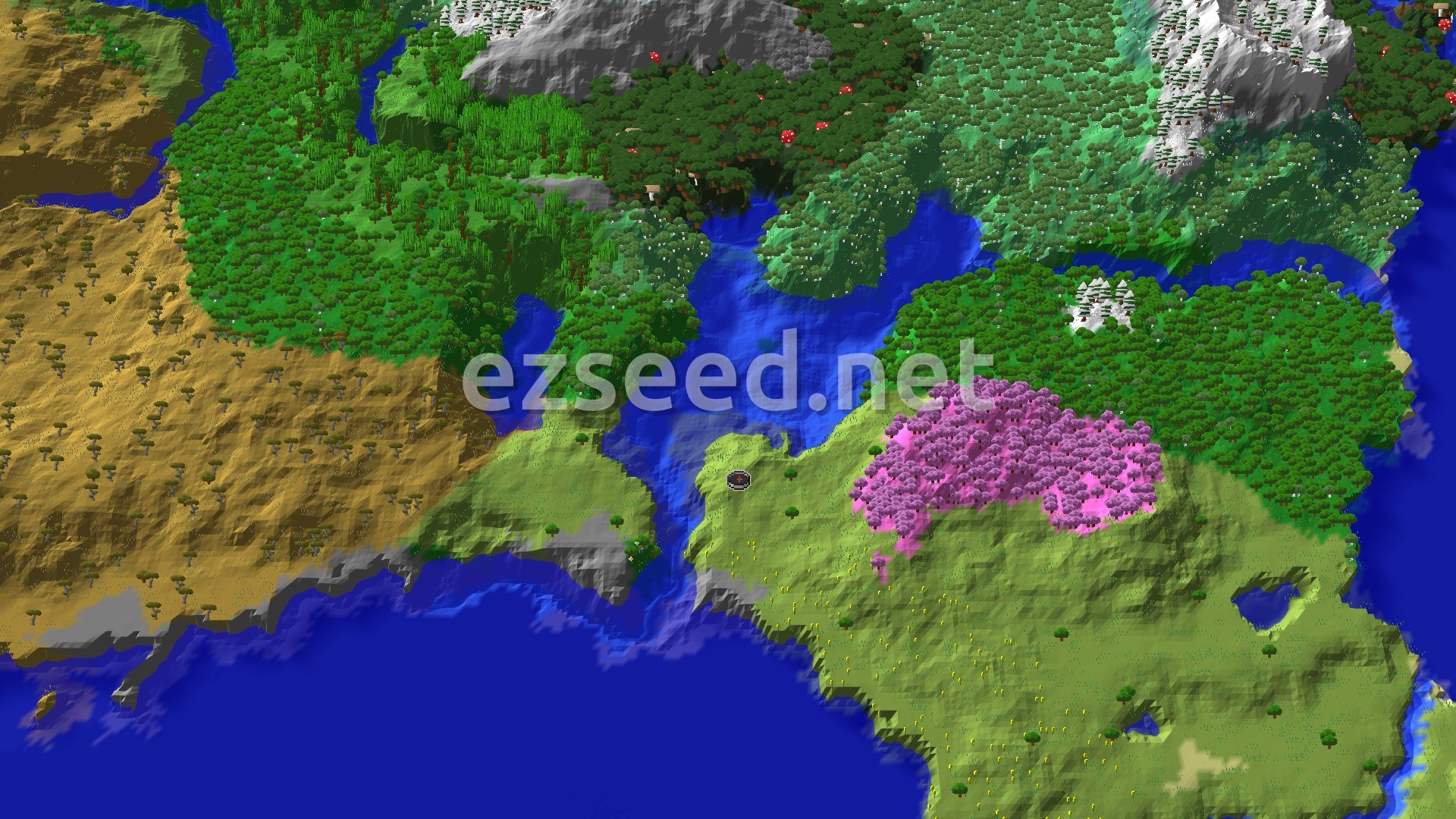 Aerial Minecraft seed map — Cherry Grove and Frozen Peaks Not Far From Spawn