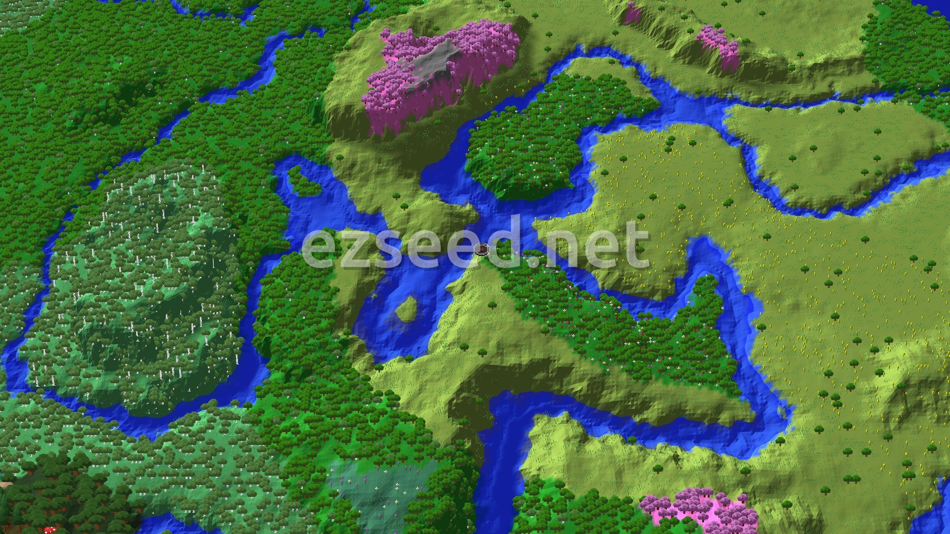 Aerial Minecraft seed map — Flower Forest Spawn with Nearby Cherry Grove