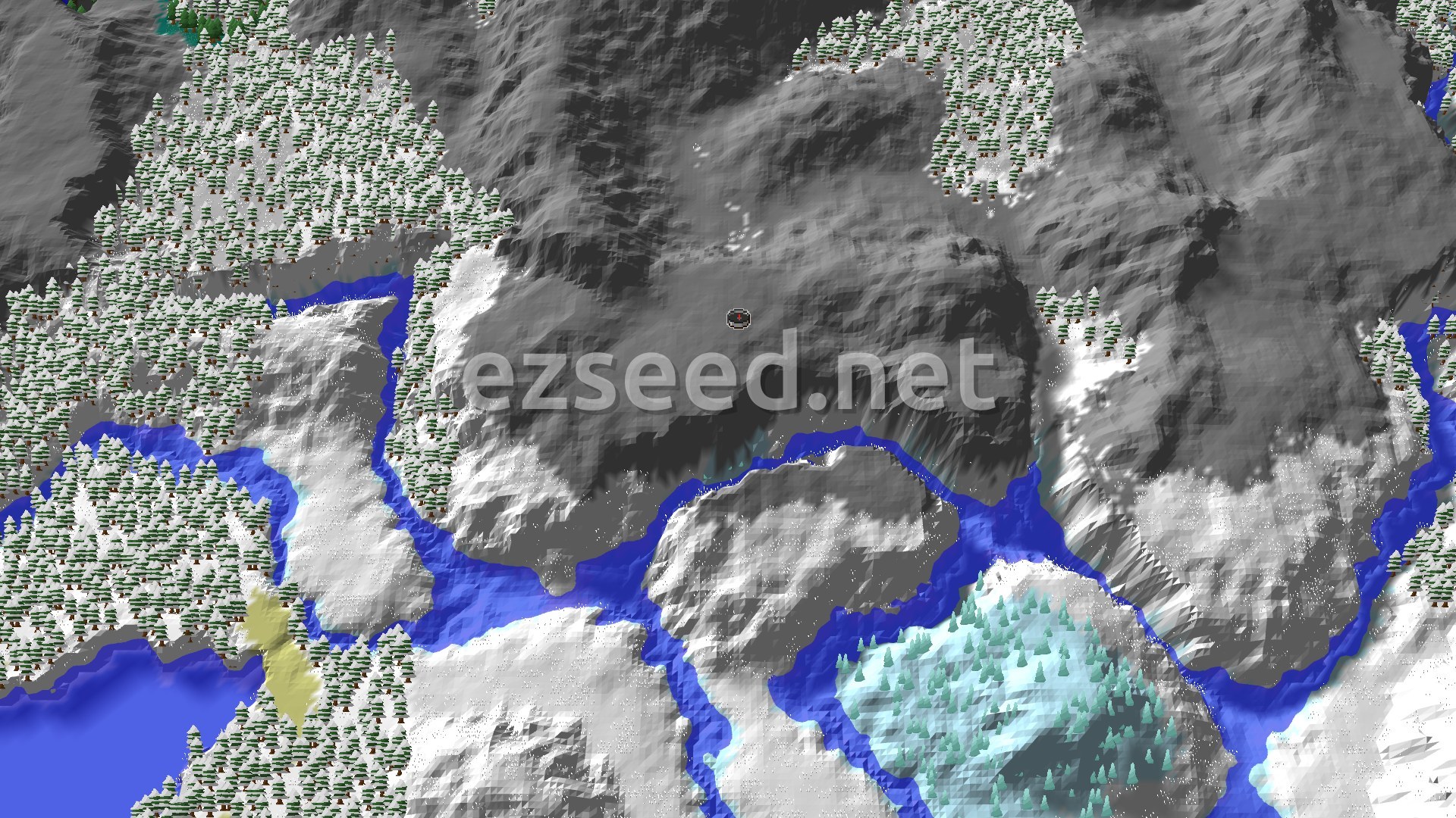 A bird's eye view of a snowy, mountainous landscape with evergreen trees and winding blue rivers, showing a small spawn marker in the center.