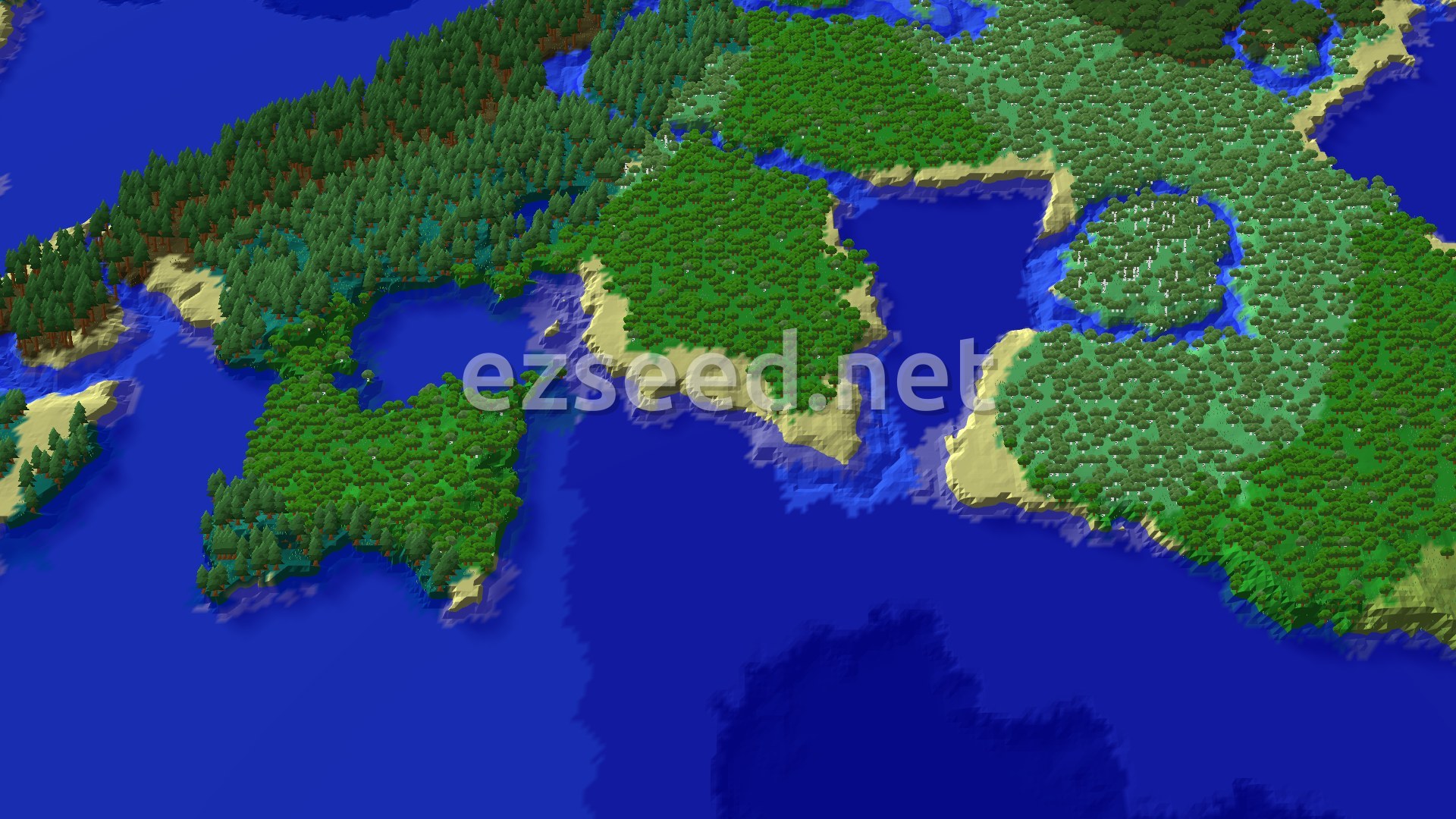 A 3D fly-over rendering of a Minecraft world showing a spawn marker on a green, tree-covered landmass bordered by sandy beaches and blue ocean. The land is mostly flat with some gentle hills, and a river winds through it.