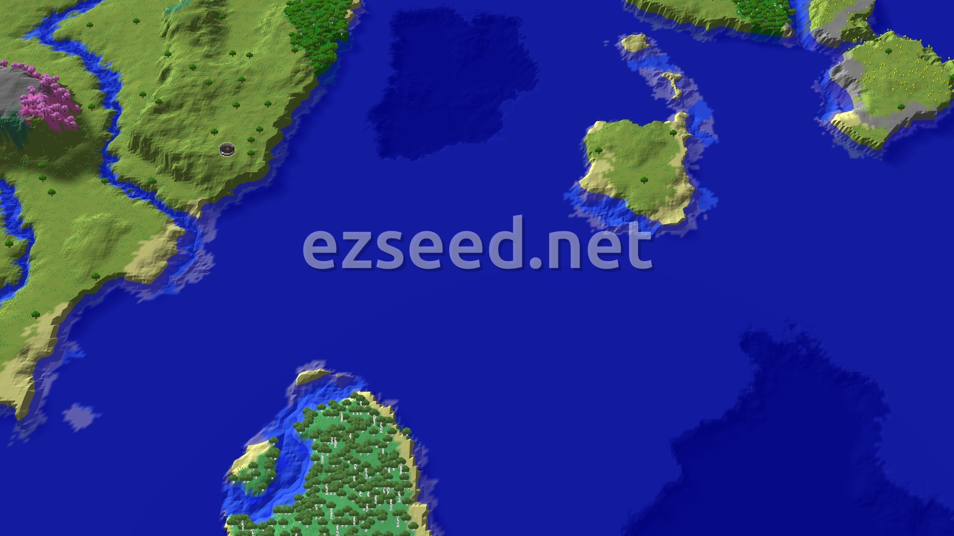 Aerial Minecraft seed map — Spawn in Plains with a nearby Cherry Grove and a Trial Chambers