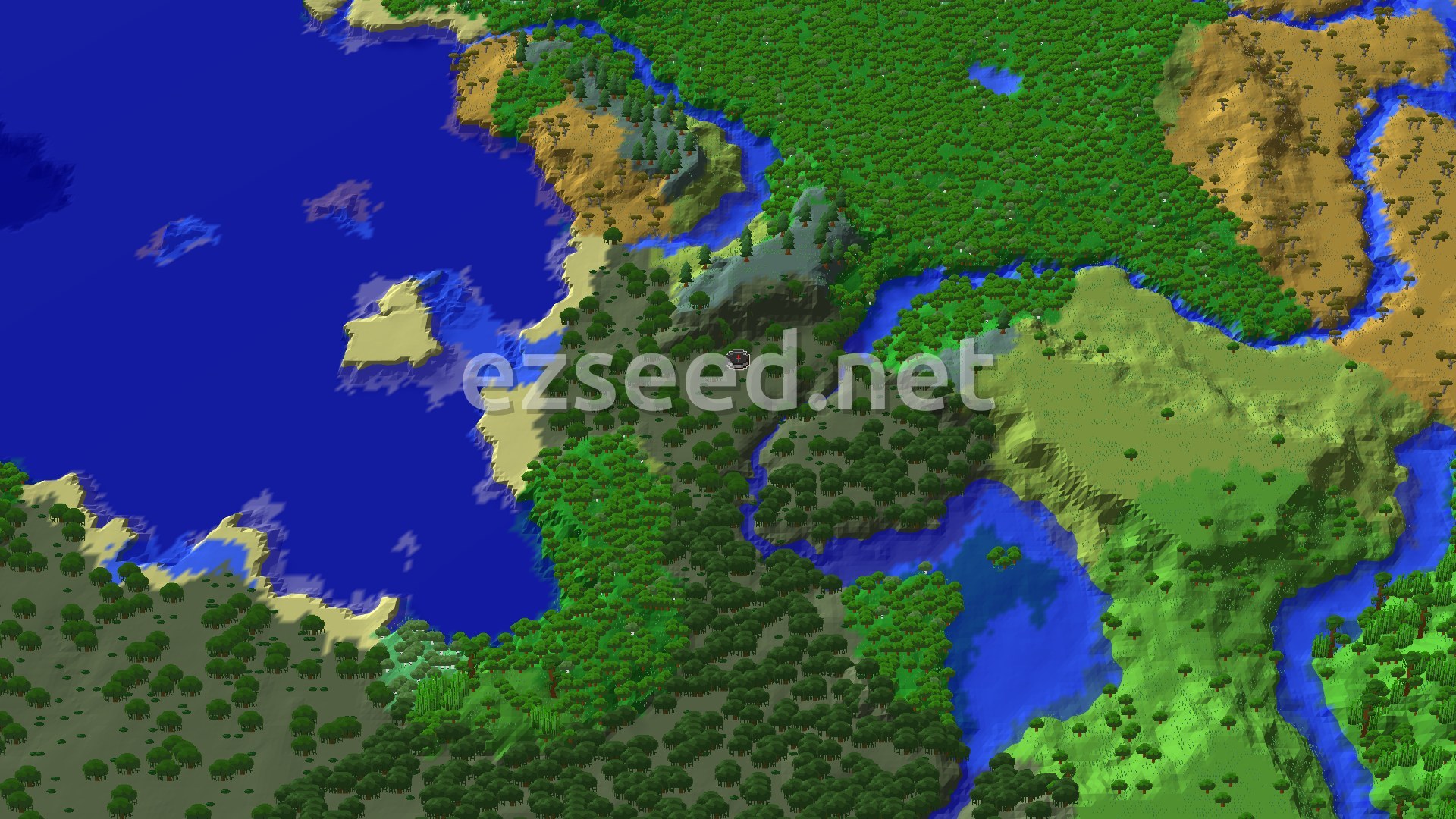 An overhead 3D view of a Minecraft world showing a dense forest, a winding river, and a large body of water. Hills rise in the distance, and a small marker indicates the spawn point within a swamp.