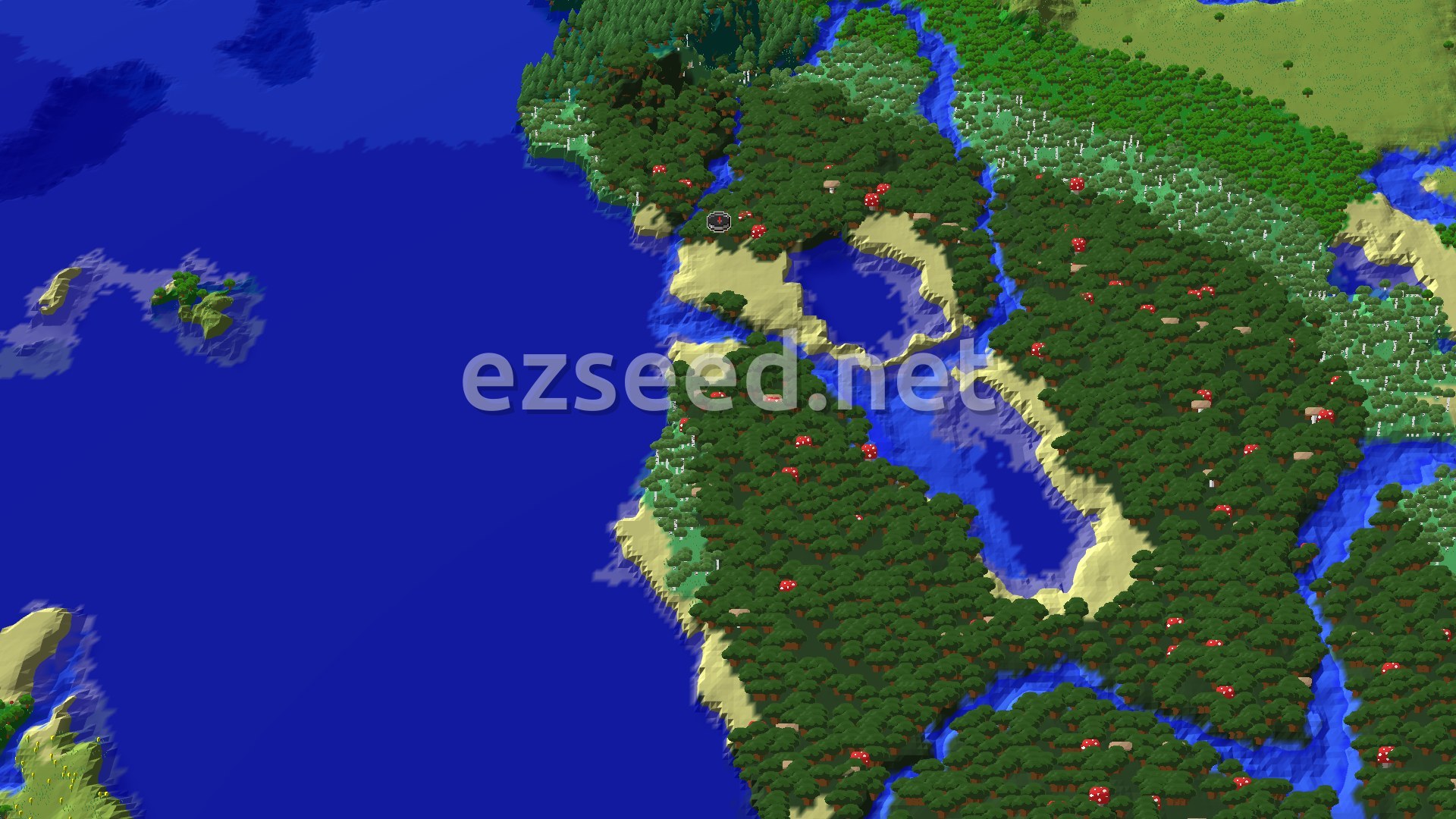 Aerial Minecraft seed map — Dark Forest Spawn with a Nearby Woodland Mansion