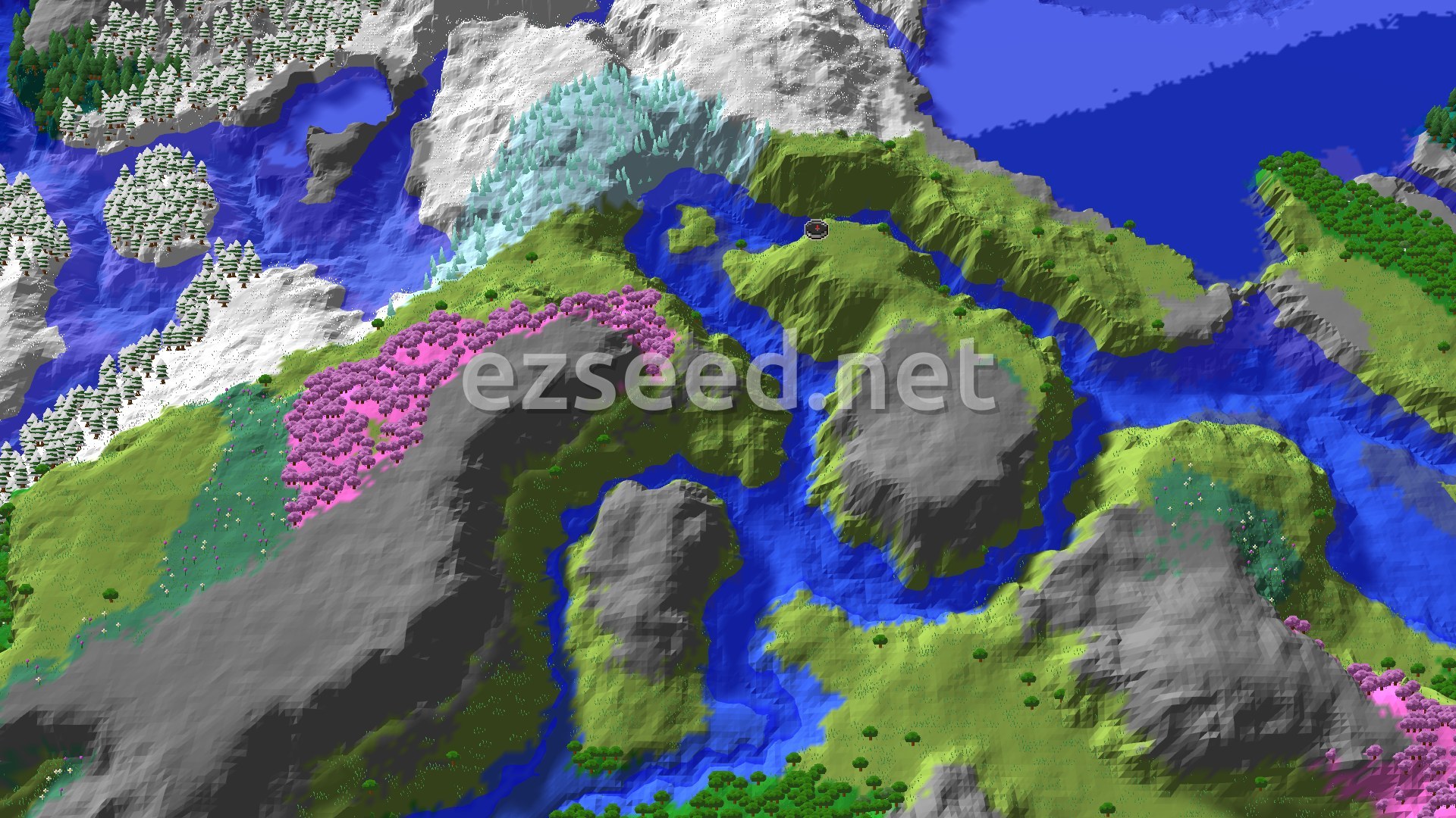 Aerial Minecraft seed map — Ice Spikes and Cherry Grove Near Plains Spawn