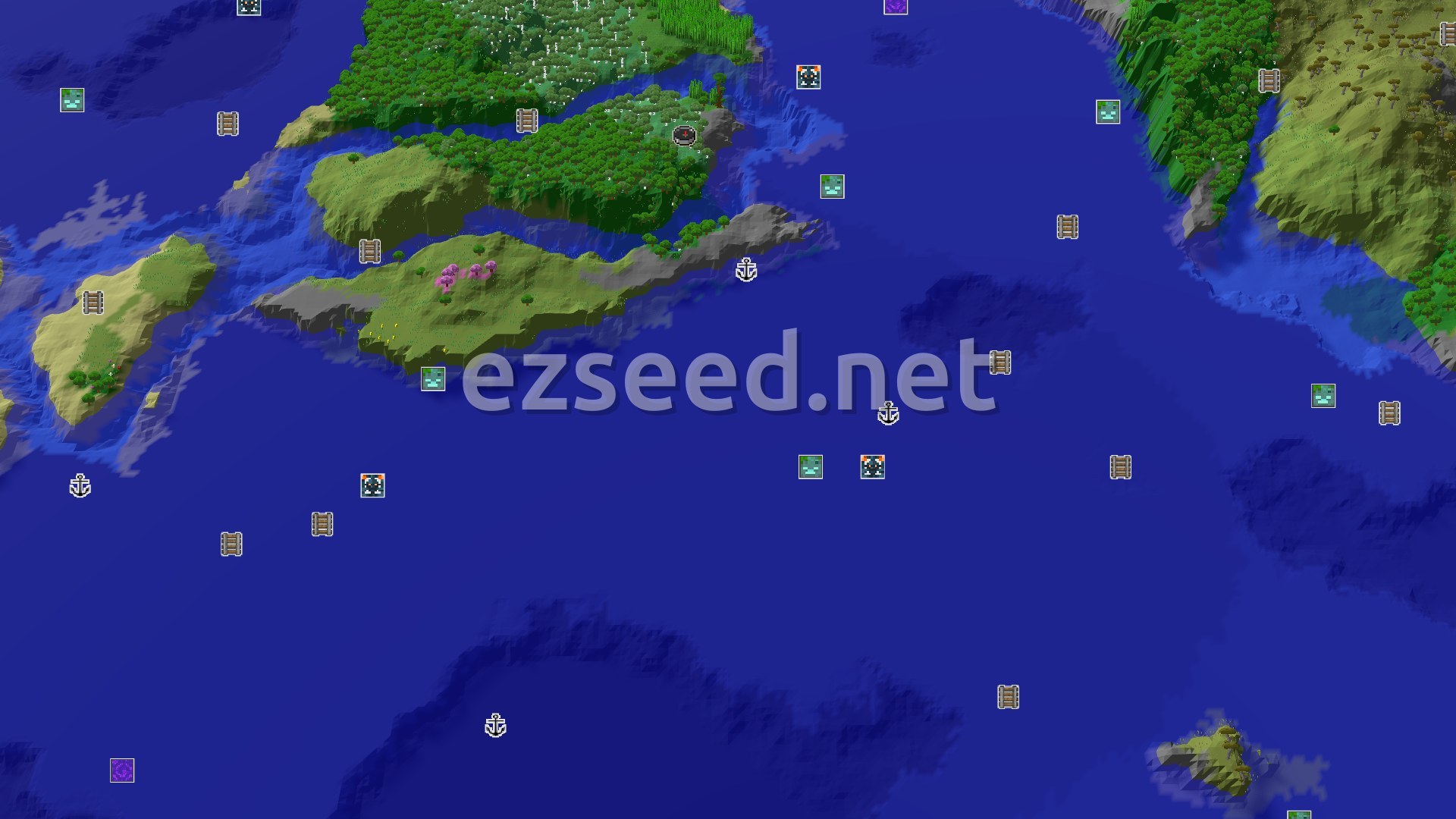 Aerial Minecraft seed map — Jungle and Ocean Seed with Nearby Trial Chambers