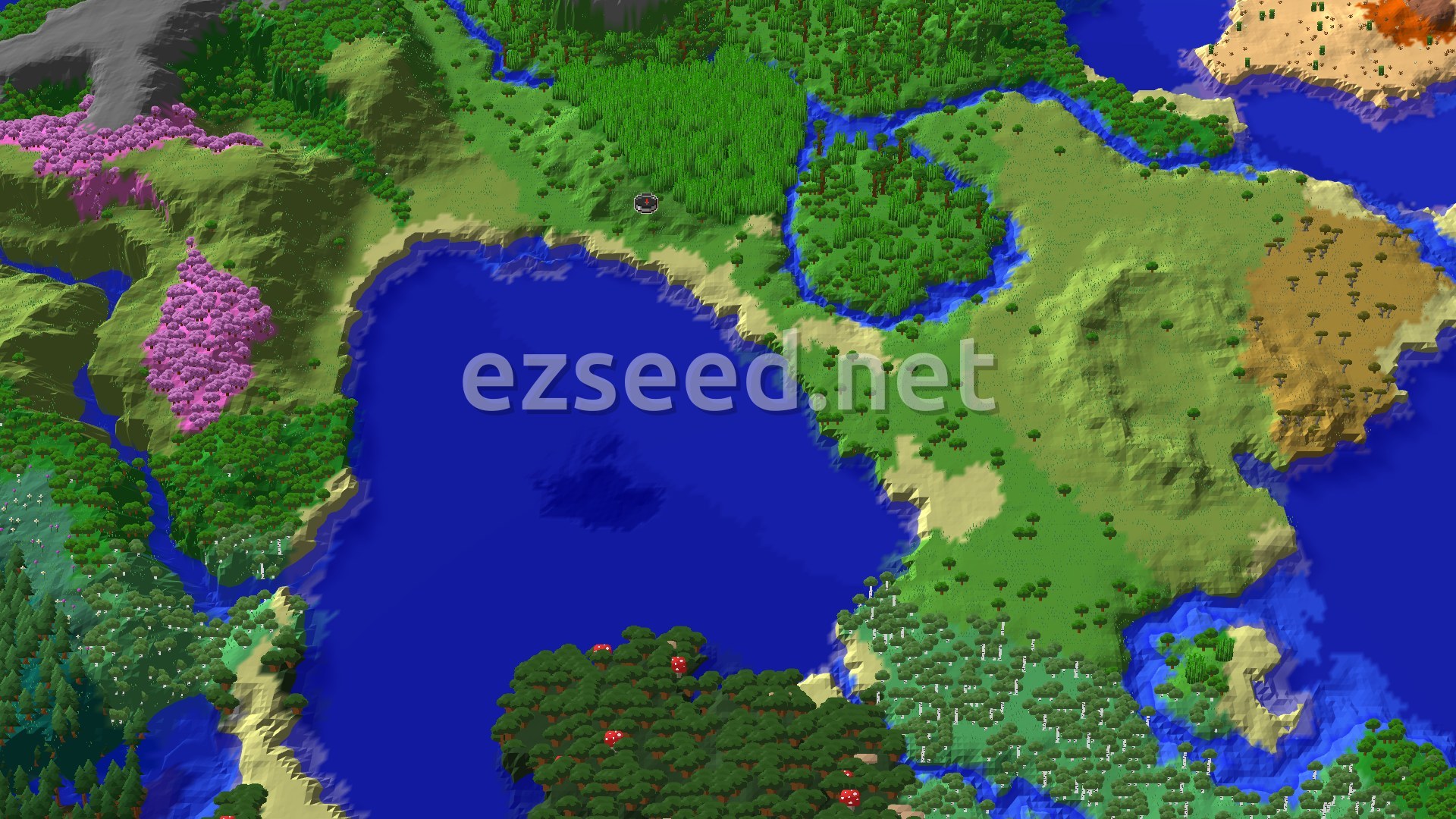 Aerial Minecraft seed map — Bamboo Jungle and Cherry Groves Near Spawn