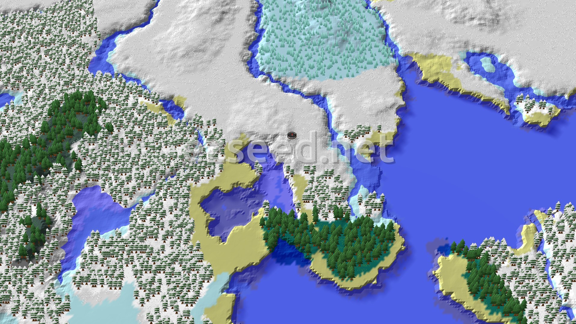 Aerial Minecraft seed map — Ice Spikes Near Spawn in a Winter Wonderland