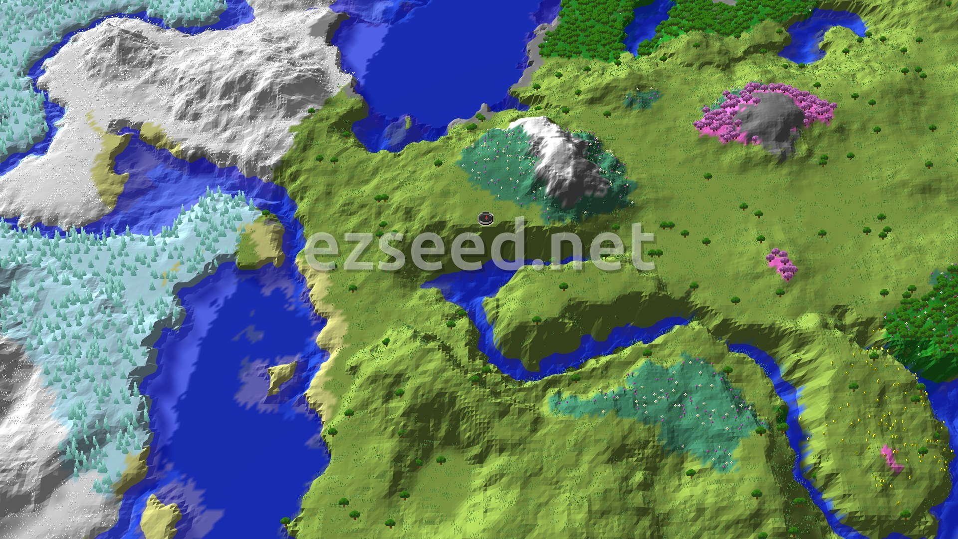 A 3D fly-over of varied terrain, showing green plains and forests, a snow-capped mountain, a pink cherry grove, and blue bodies of water, with a small spawn marker in the center.