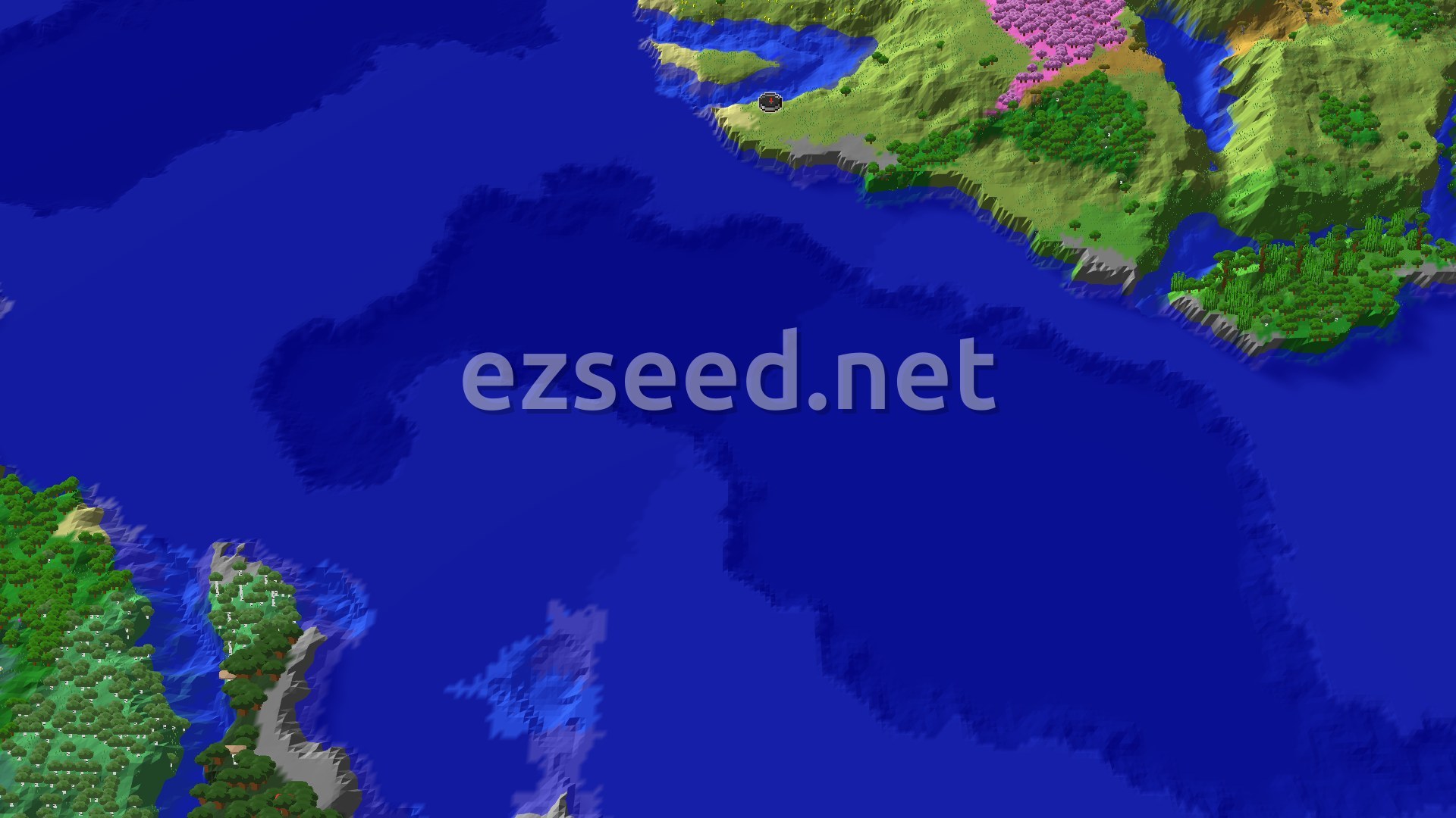 Aerial Minecraft seed map — Ocean Sprawls With Nearby Cherry Grove Hills