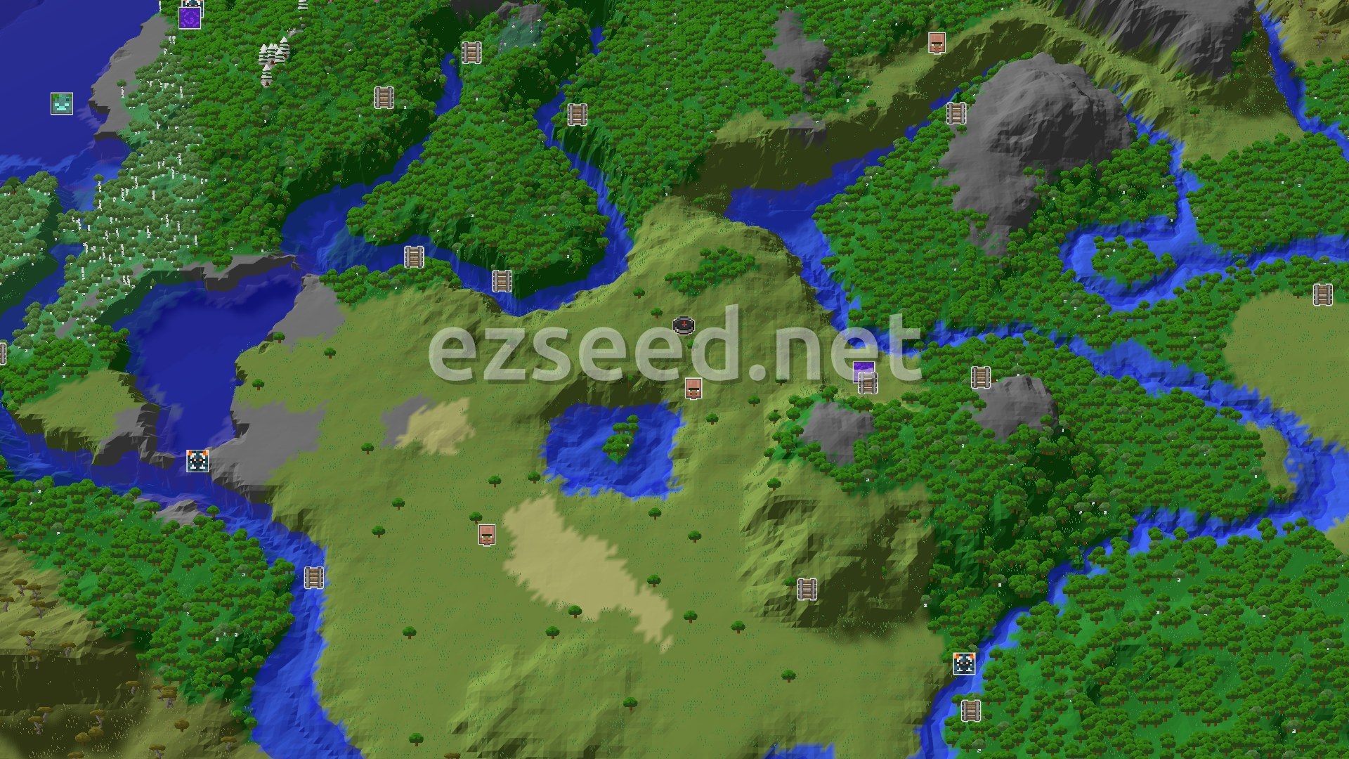 Aerial Minecraft seed map — Plains Spawn with a Nearby Village and Ancient City
