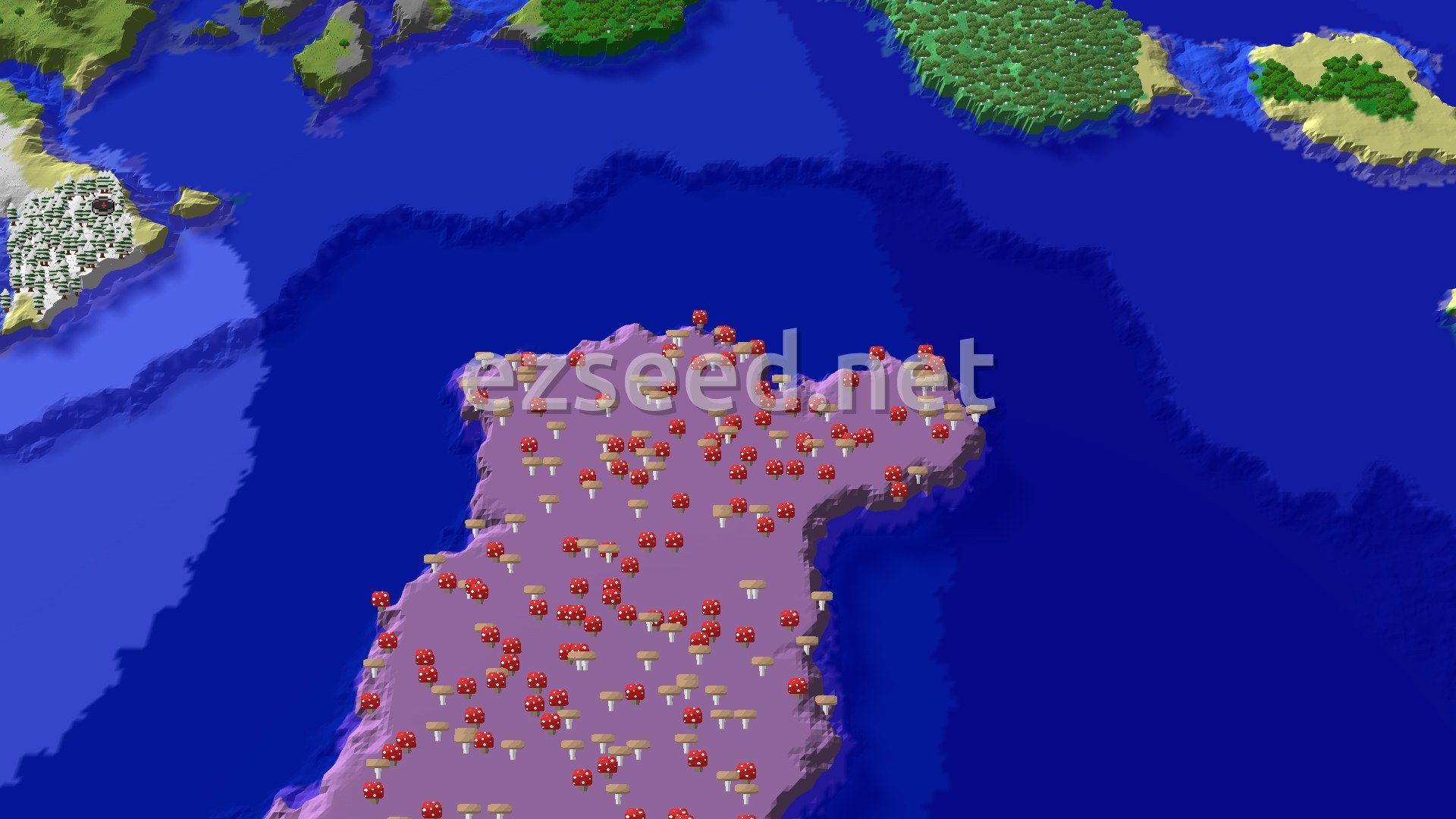 Aerial Minecraft seed map — Mushroom Island Near Snowy Taiga Spawn