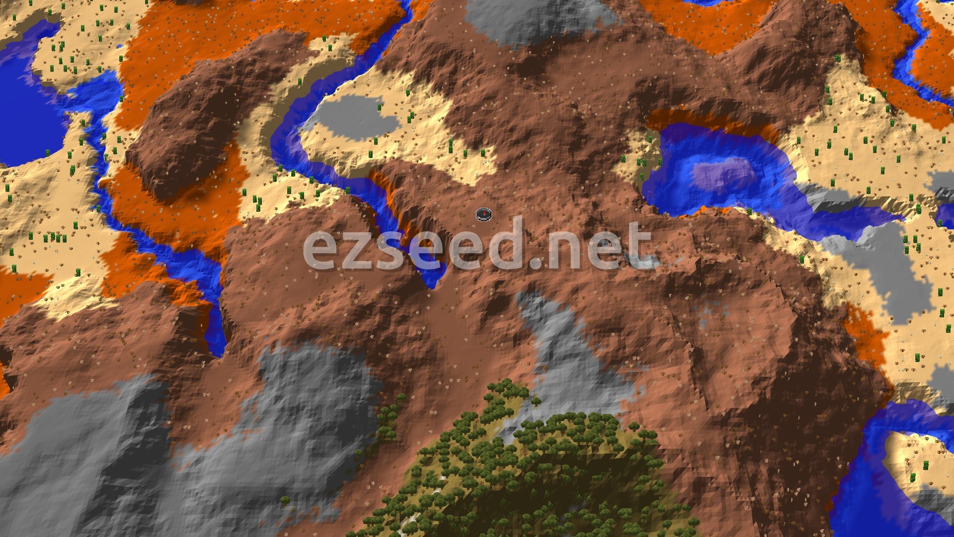 An aerial view of a Minecraft world showing a central badlands biome surrounded by rivers, deserts, and some green patches.