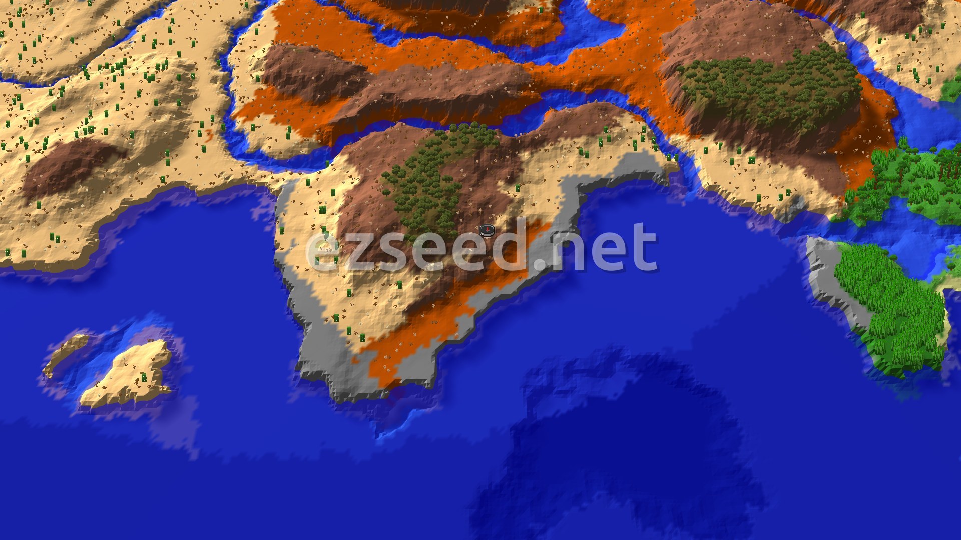 An aerial view shows a spawn point nestled in a wooded badlands biome, bordered by desert, ocean, and a river leading to denser jungles and some stony shore.