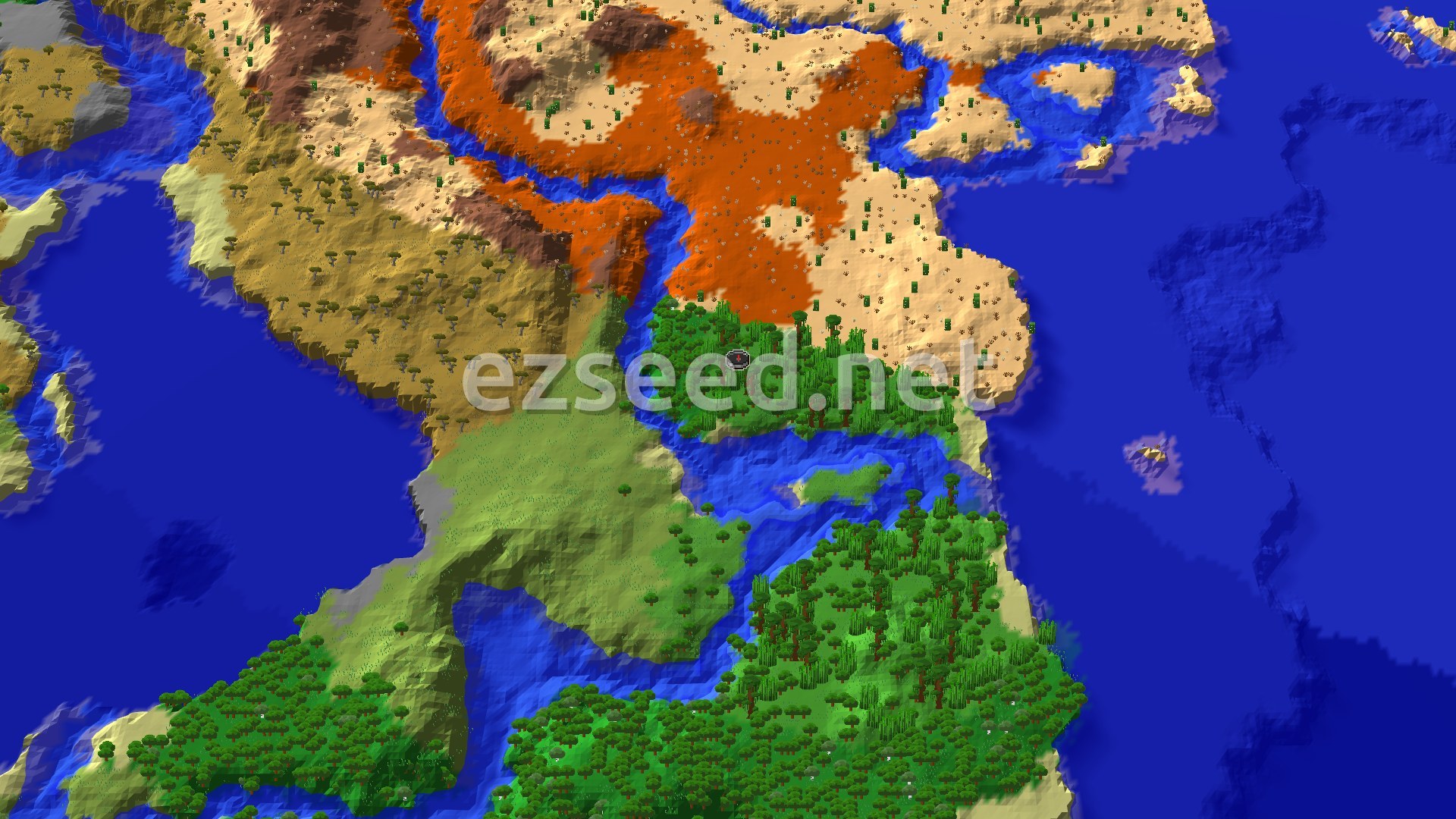 An aerial 3D view of a varied landscape, showing a dense jungle at the bottom, transitioning into a river system, and further north, a large area of desert and badlands biomes, bordered by deep blue ocean.