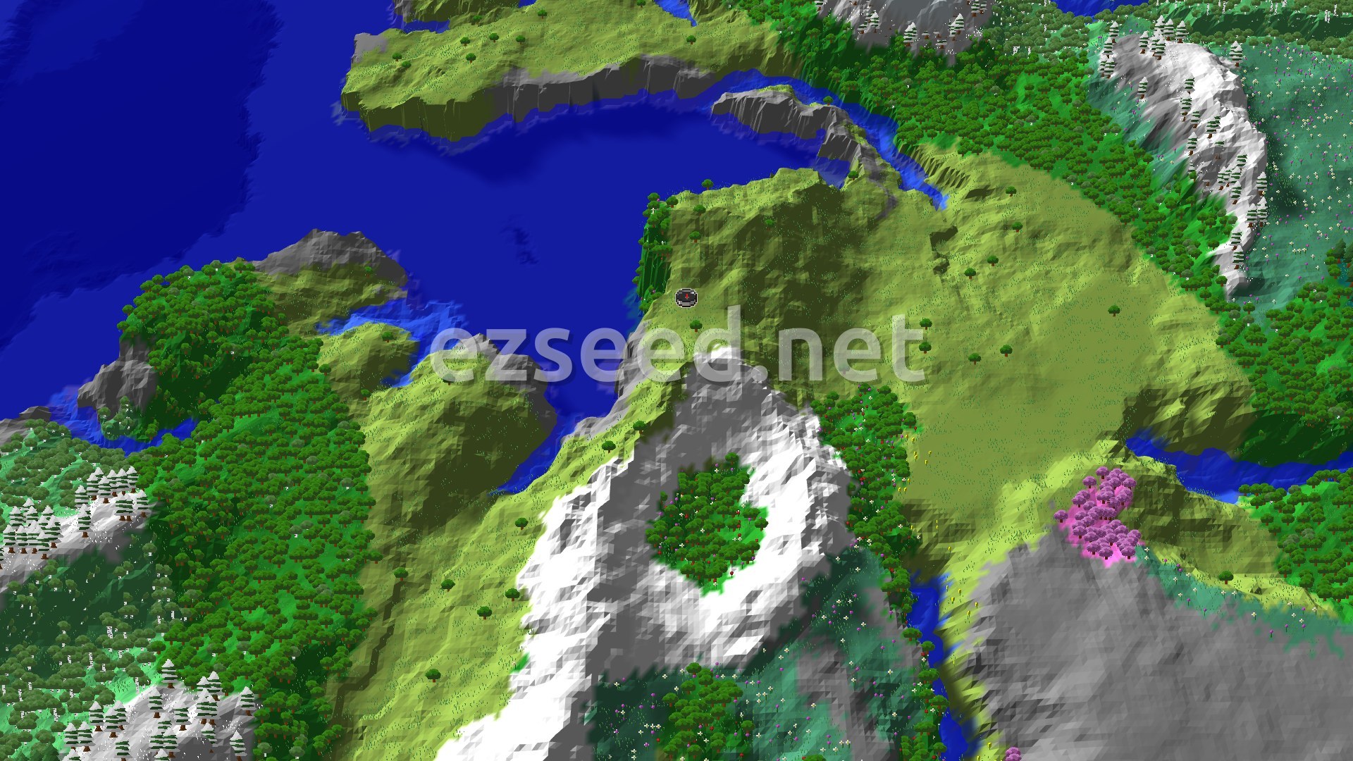 Aerial Minecraft seed map — Spawn Near Jagged Peaks and a Cherry Grove