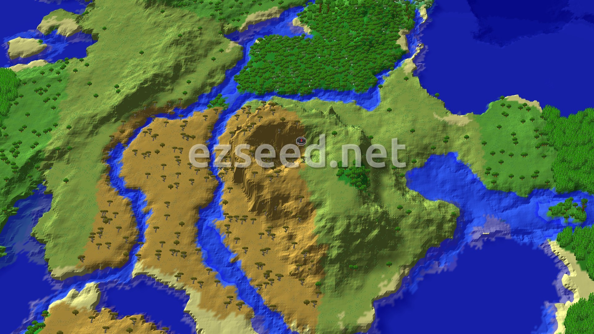 Aerial Minecraft seed map — Savanna Spawn with an Abandoned Village Nearby