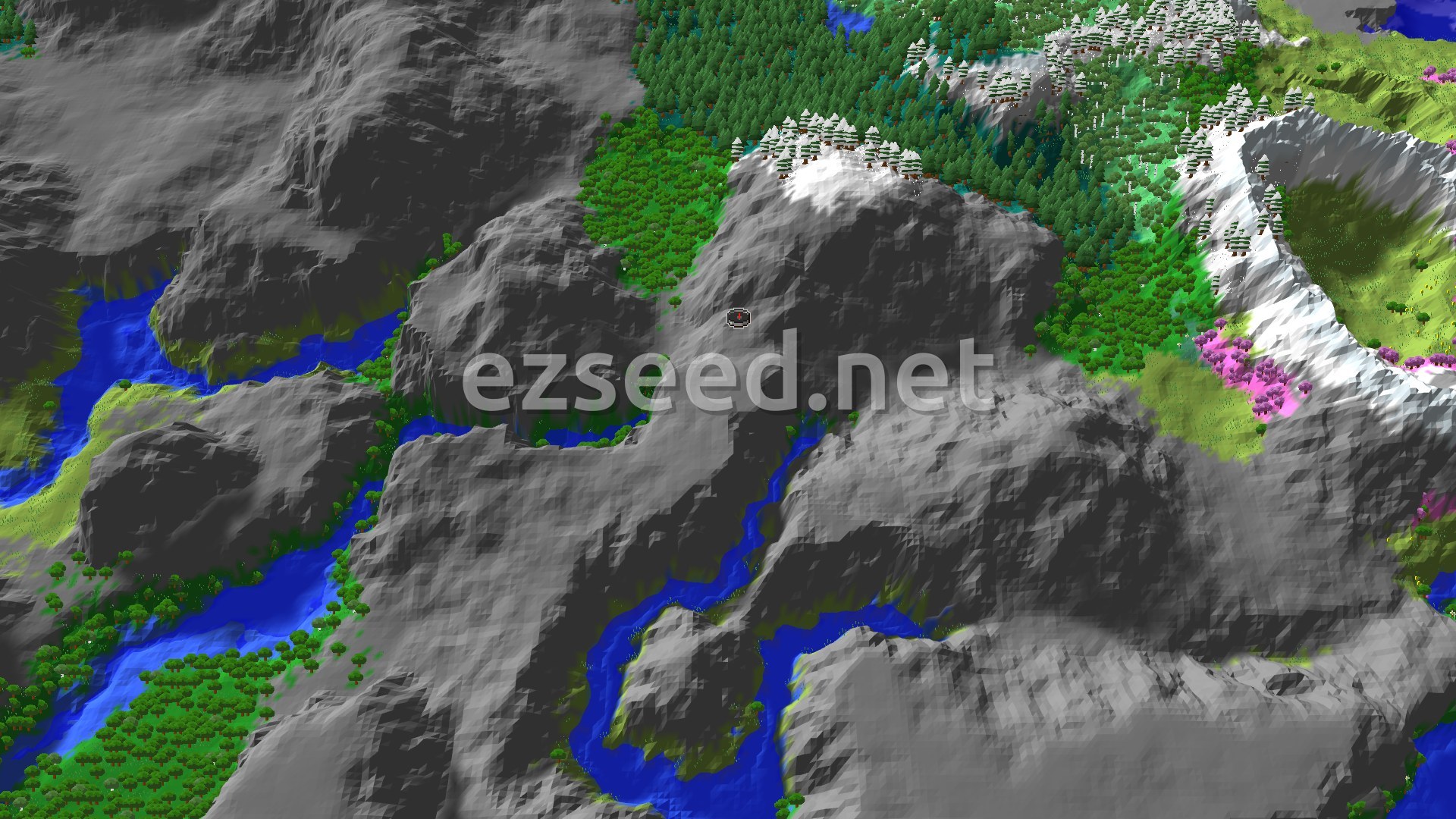 Aerial Minecraft seed map — Forest Spawn with Nearby Peaks and Ancient City