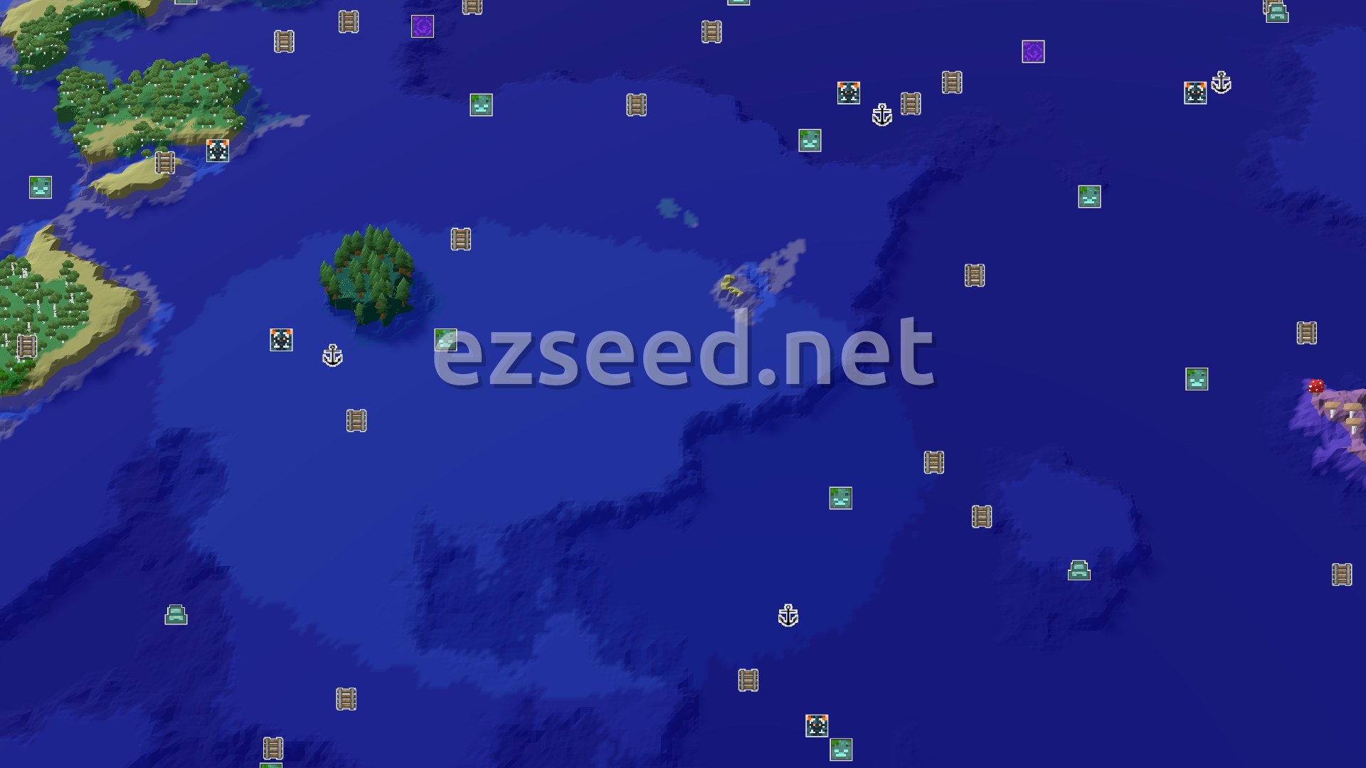 Aerial Minecraft seed map — Ocean Exploration with Distant Mushroom Fields