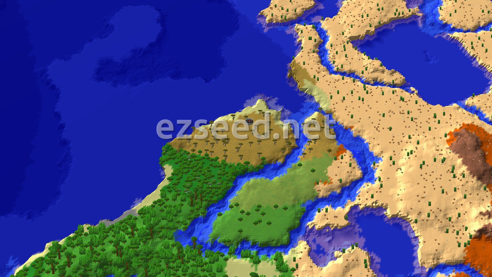 Aerial Minecraft seed map — Savanna Spawn with a Close Buried Treasure and Jungle