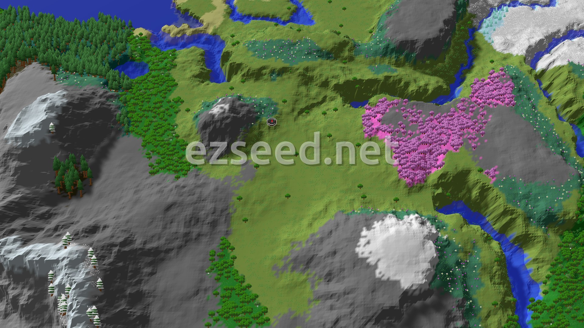 Aerial Minecraft seed map — A Mountainous Start with a Close Cherry Grove