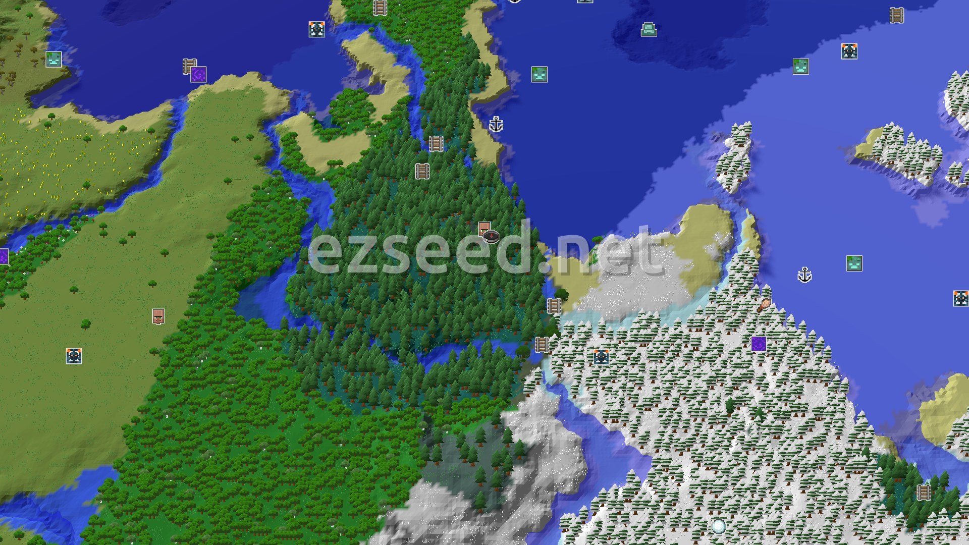 Aerial Minecraft seed map — A Quick Village Start in a Varied Taiga Landscape