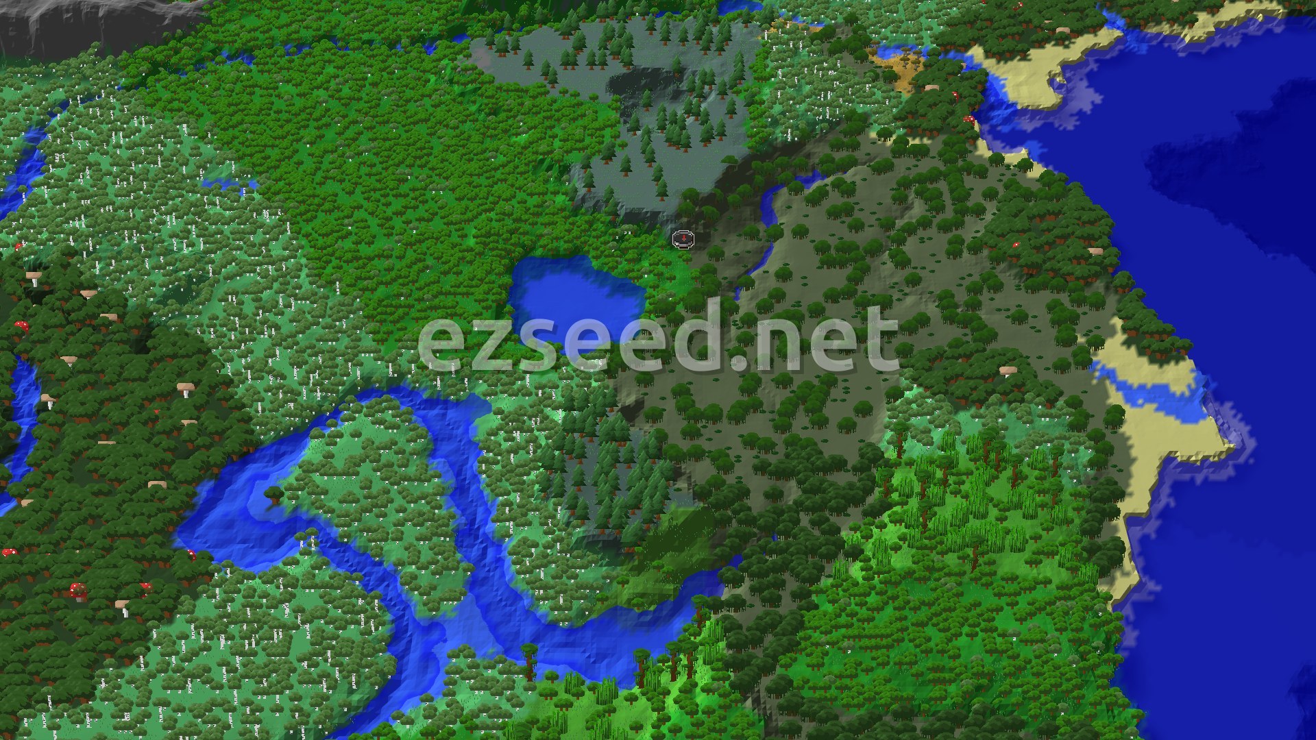 An aerial view of a varied landscape, featuring dense forests, winding rivers, a small lake, and a sandy coastline leading to an ocean. A spawn marker sits near the lake.
