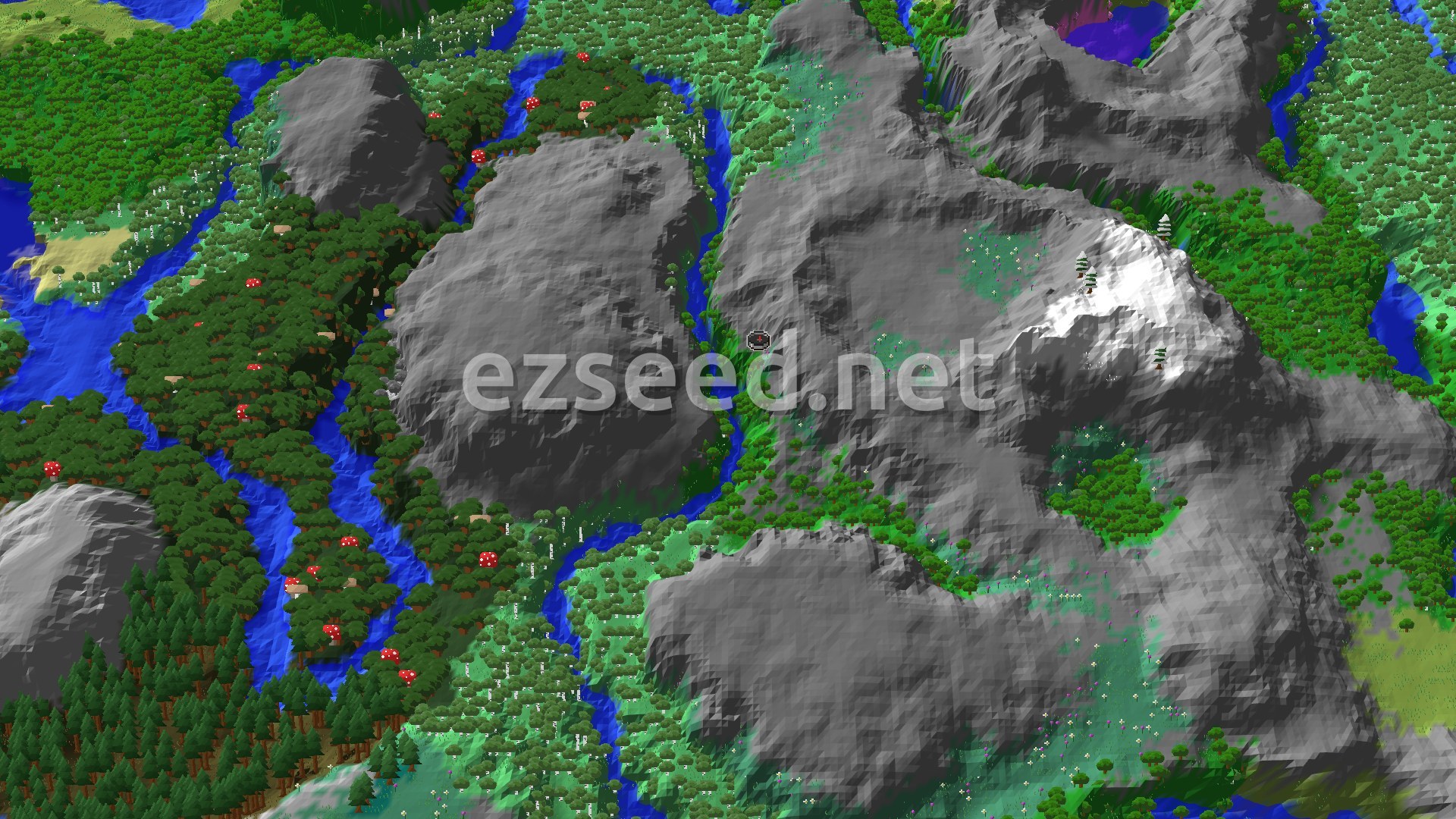Aerial Minecraft seed map — Ancient City Near Forest Spawn and Snowy Peaks