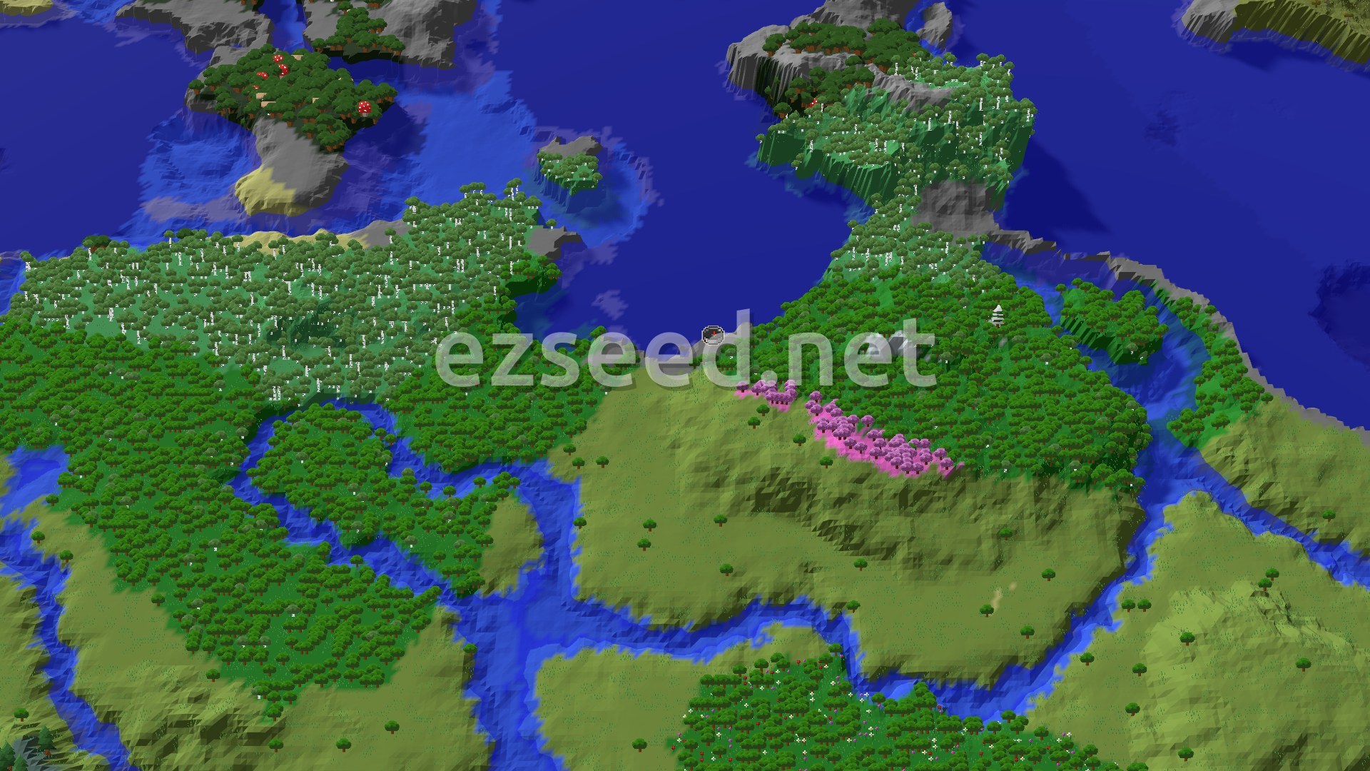 Aerial Minecraft seed map — Cherry Grove and Trial Chambers Near a Stony Shore Spawn