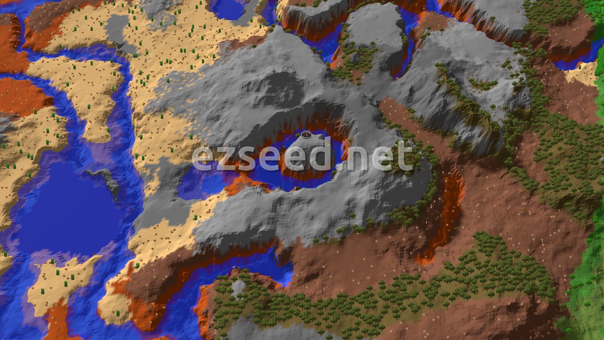 Aerial Minecraft seed map — Wooded Badlands Start With Nearby Structures