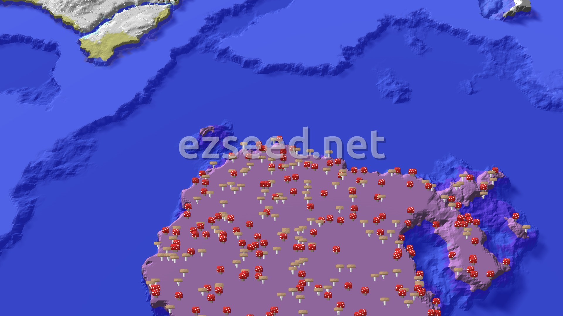Aerial Minecraft seed map — Mushroom Fields and Frozen Oceans Near Spawn