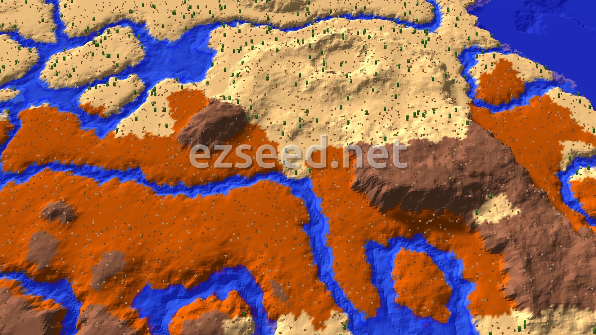 An aerial view of a desert landscape with rivers and patches of badlands, marked with a small spawn point.