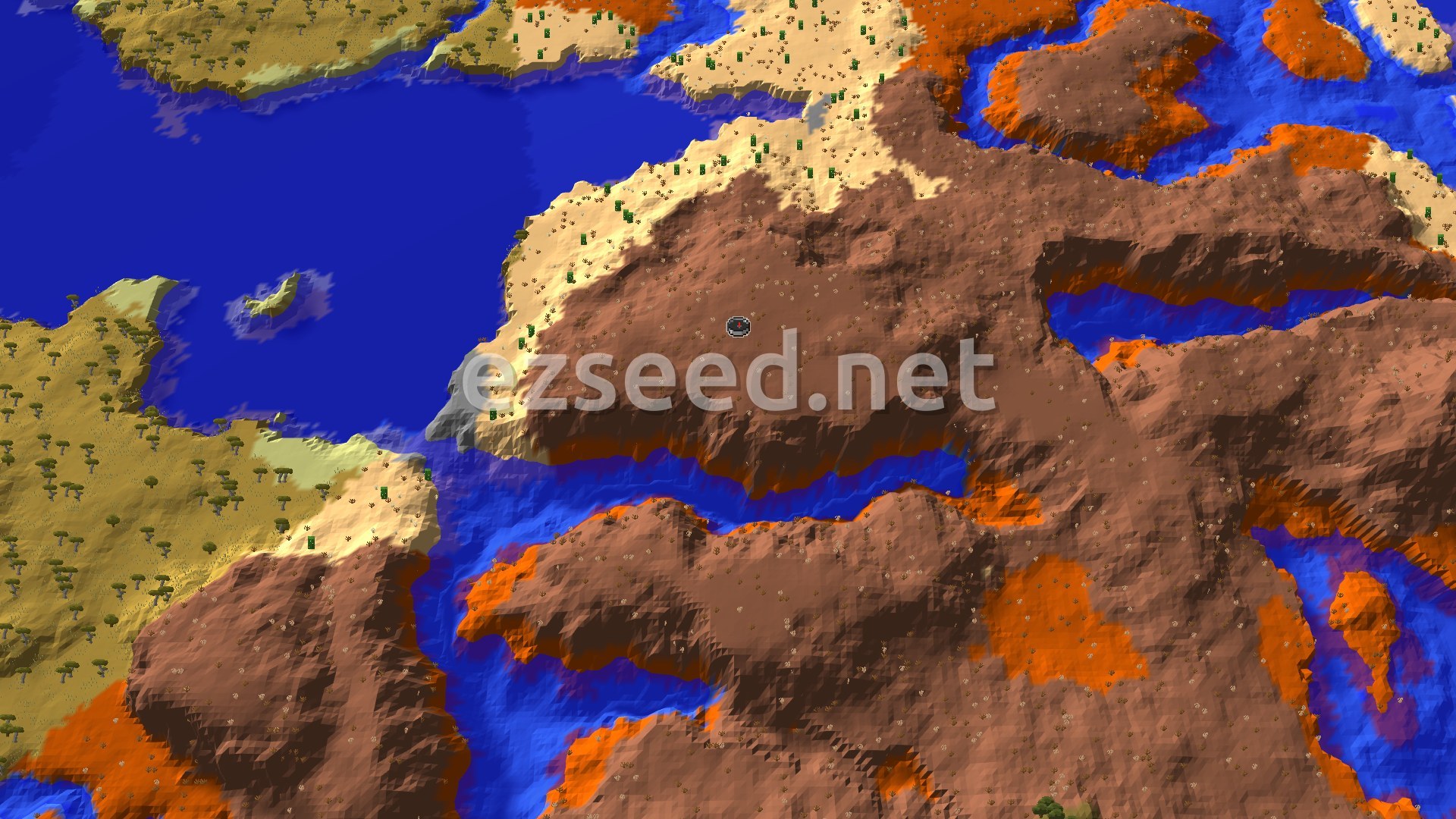 Aerial Minecraft seed map — Badlands Spawn with a Nearby Eroded Canyon and Trial Chambers