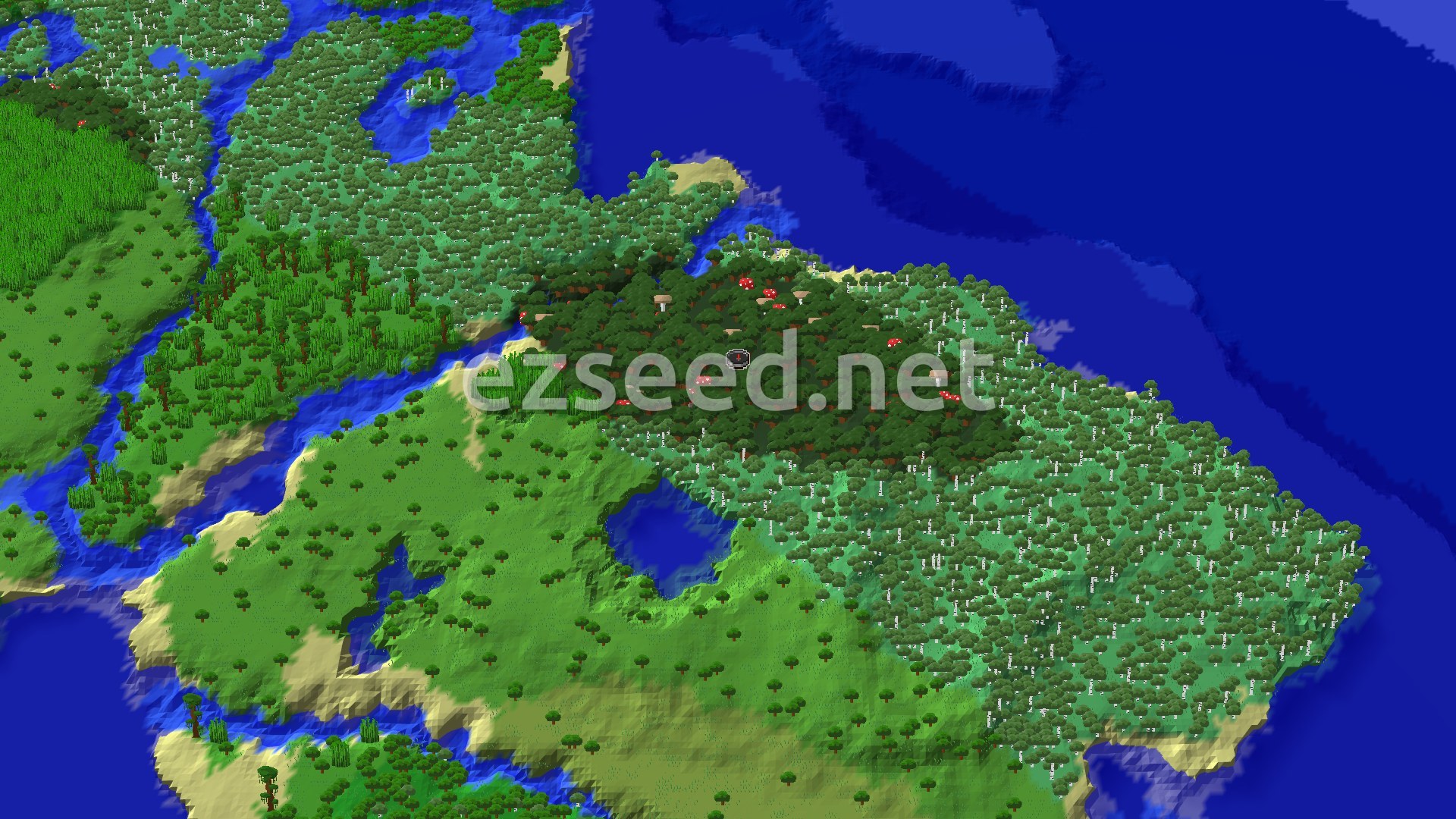 Aerial Minecraft seed map — Dark Forest Spawn with Nearby Bamboo Jungle and Trial Chambers