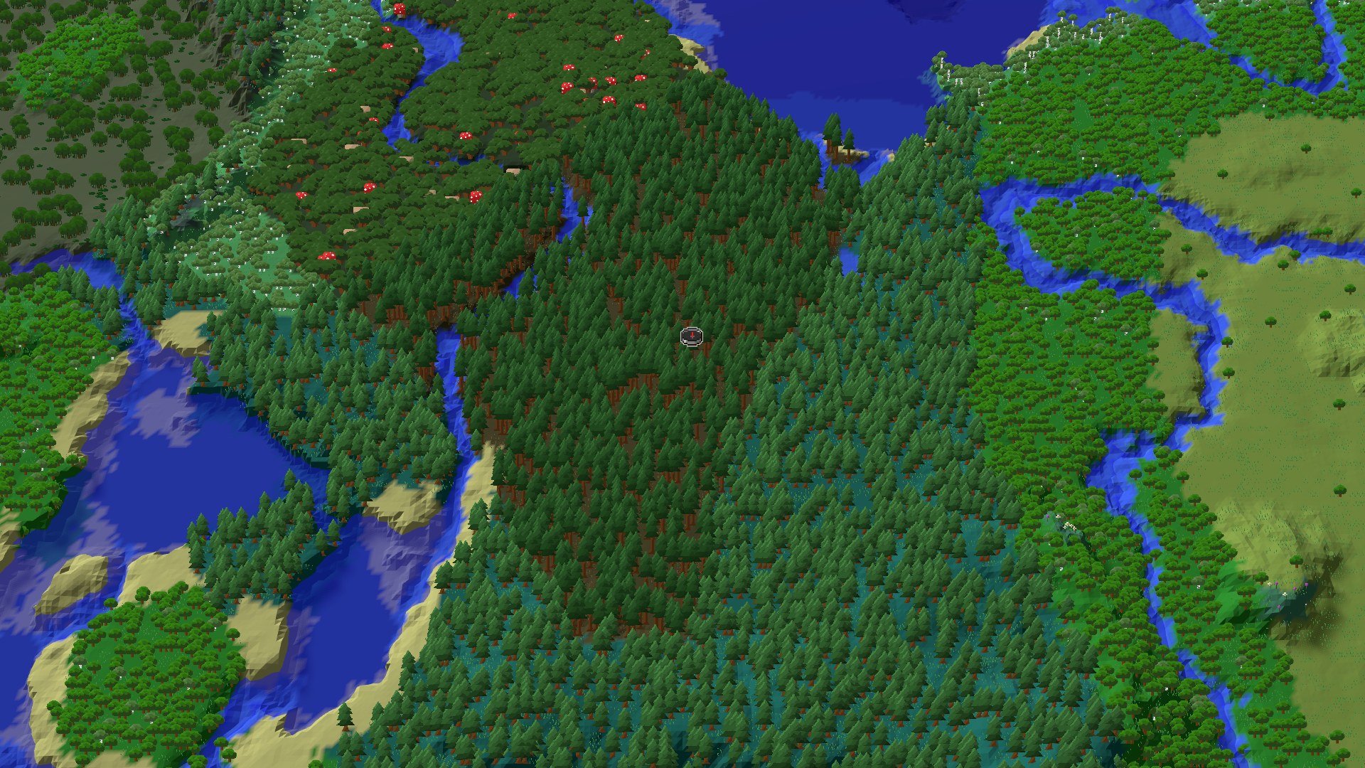 Aerial Minecraft seed map — Village and Trial Chambers Near a Pine Taiga Start