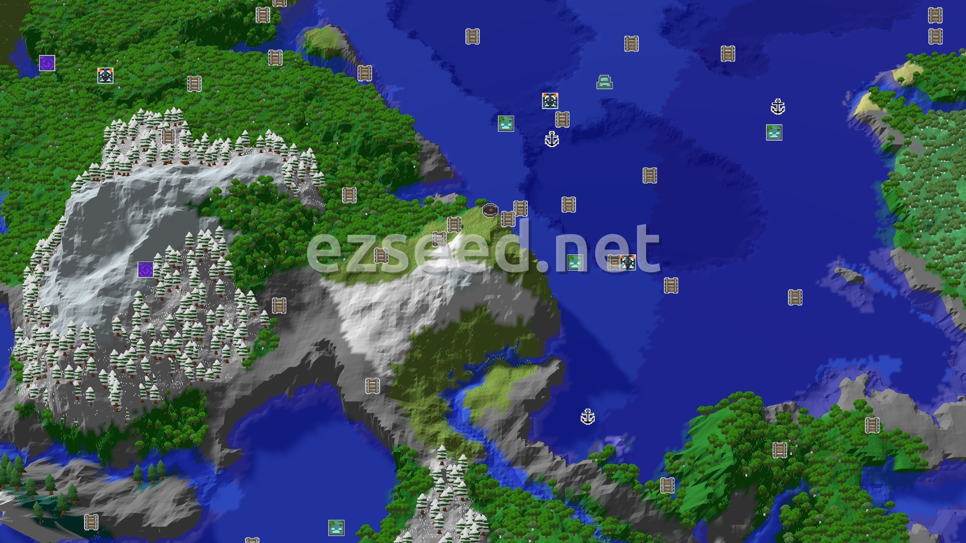 Aerial Minecraft seed map — A Mountainous Start with Nearby Mineshaft and Ocean