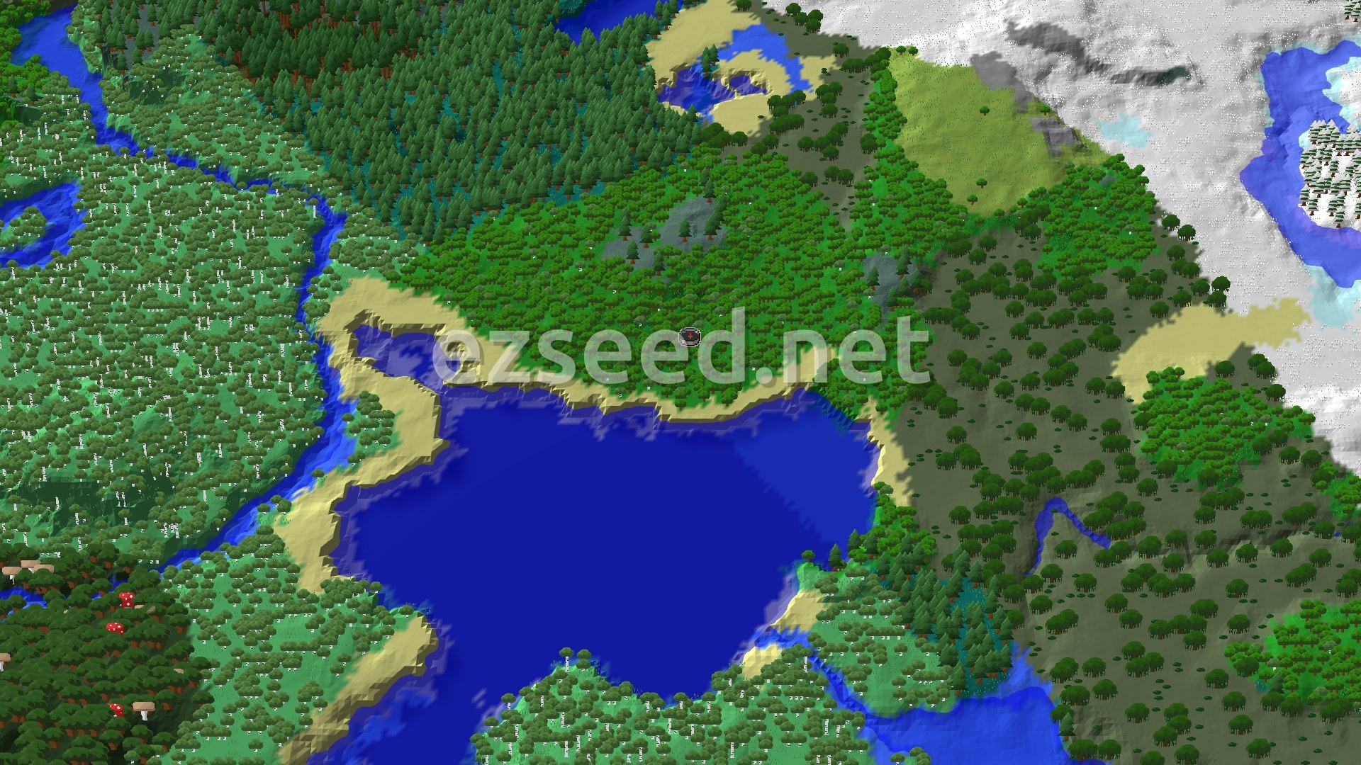 Aerial Minecraft seed map — Woodland Mansion and Snowy Plains Near Spawn