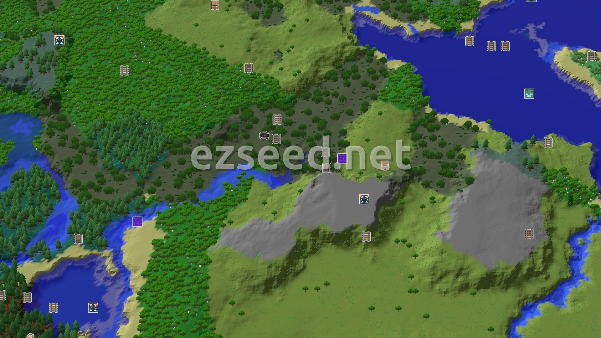 Aerial Minecraft seed map — A Swamp Spawn with Quick Mineshaft Access