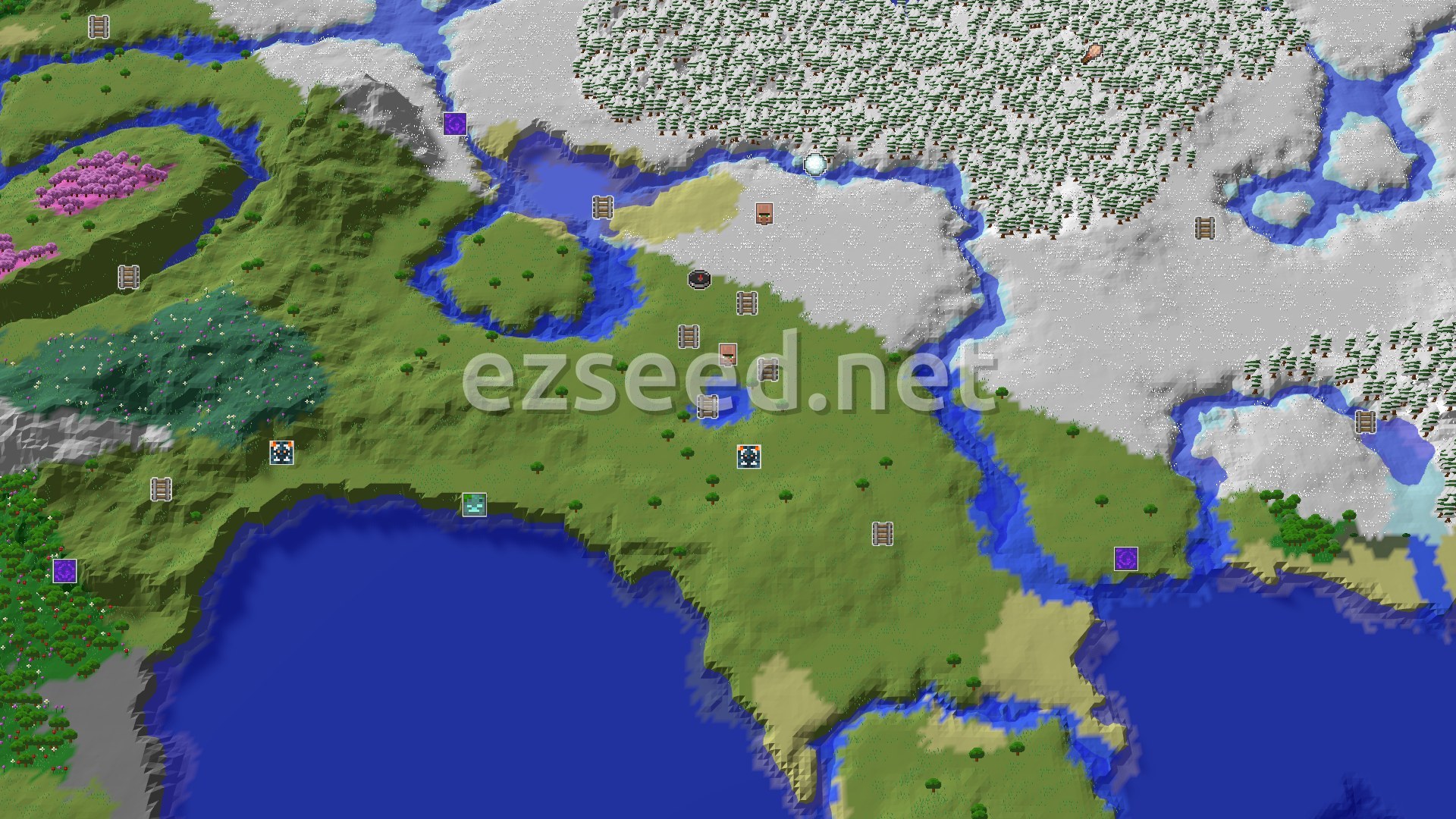 Aerial Minecraft seed map — Spawn in Plains with Nearby Village and Cold Lands