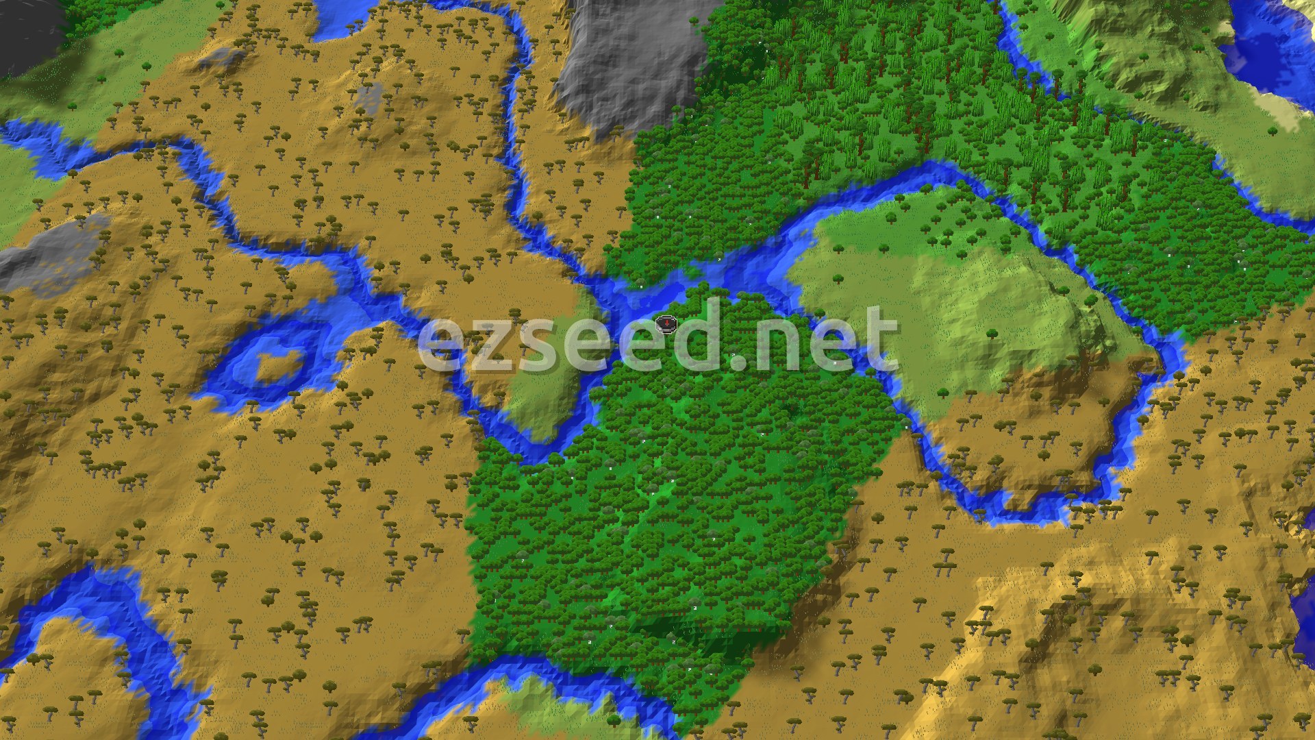 An overhead view of a diverse landscape with a central forest, surrounded by rivers and savanna, with a small spawn marker in the middle.