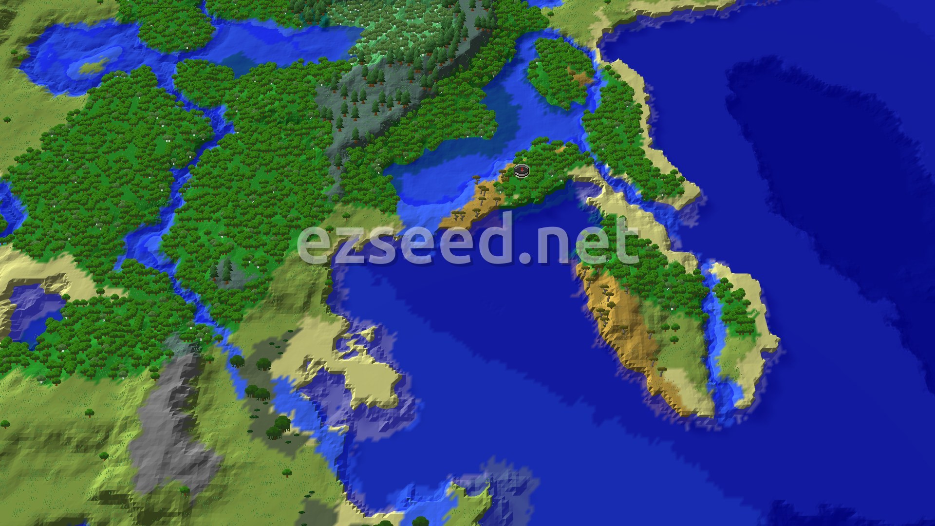 Aerial Minecraft seed map — Spawn in a Forest with Close Ocean Ruin