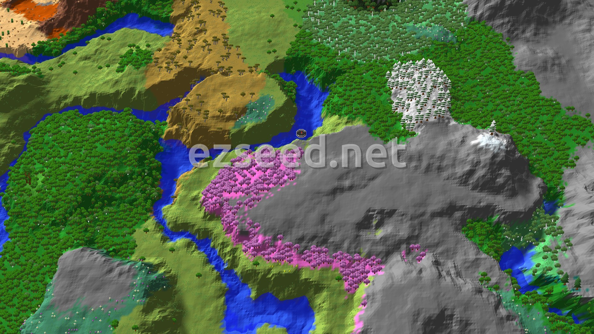 Aerial Minecraft seed map — Ancient City and Cherry Grove Near a Plains Spawn